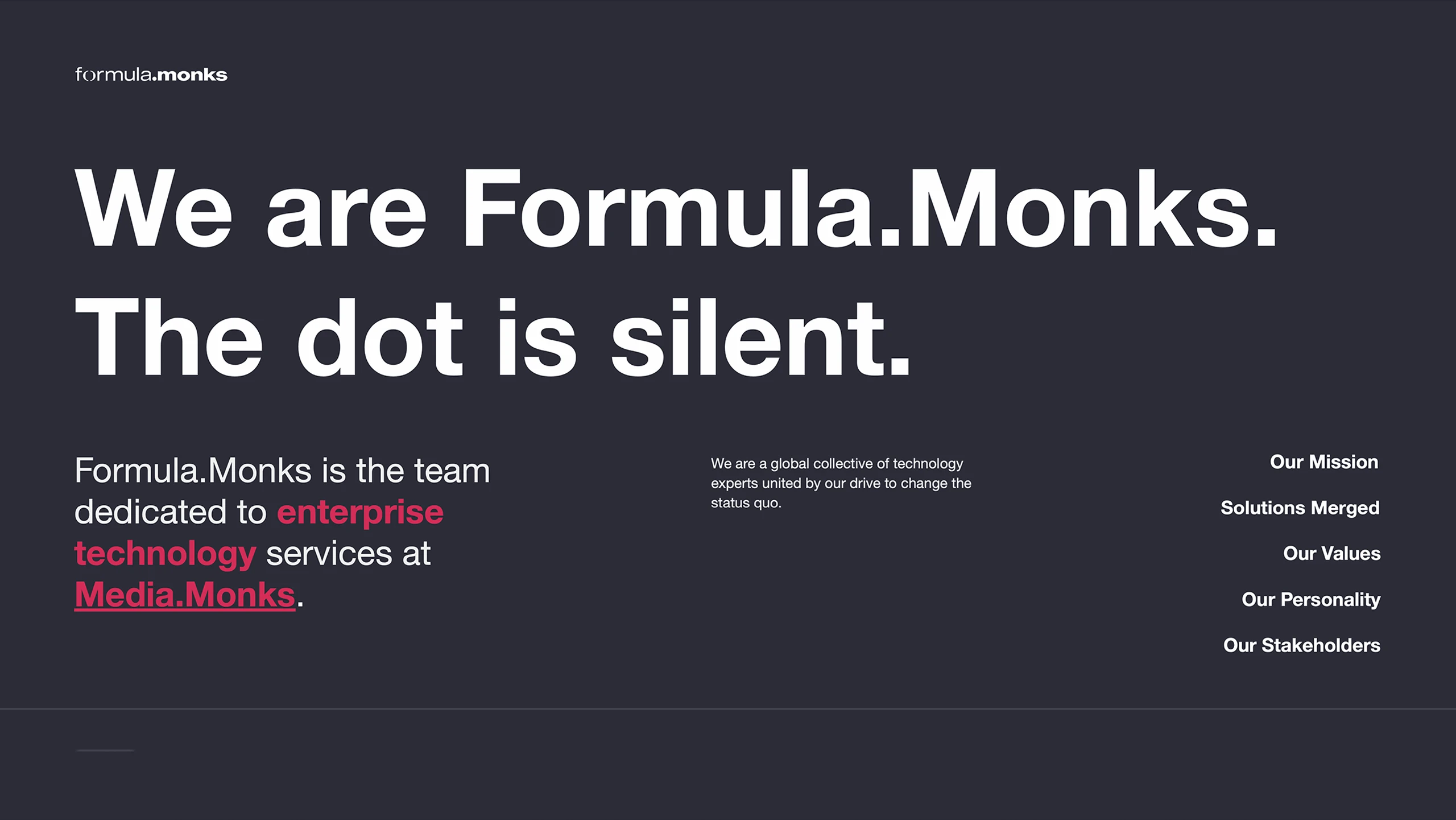 Formula.Monks, brand book, opening slide titled We are Formula.Monks, the dot is silent, with a section contents list