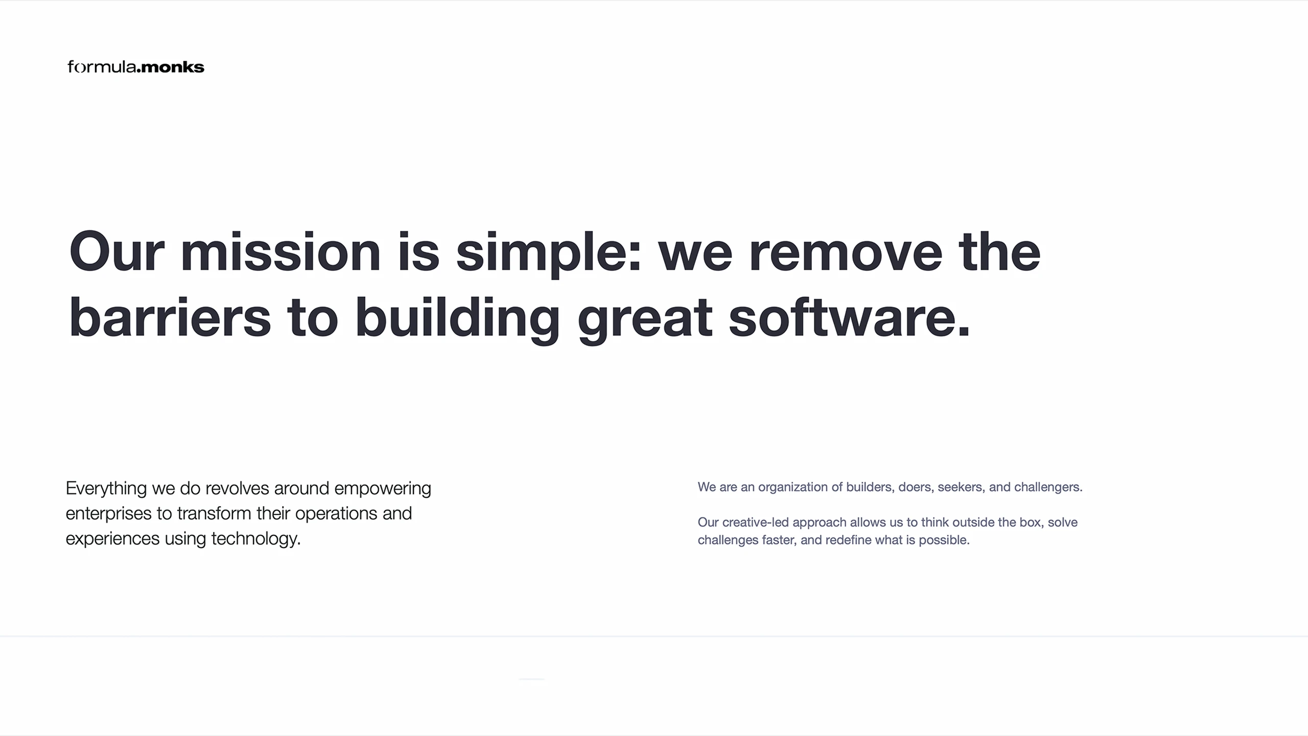 Formula.Monks, brand book, mission statement reading we remove the barriers to building great software