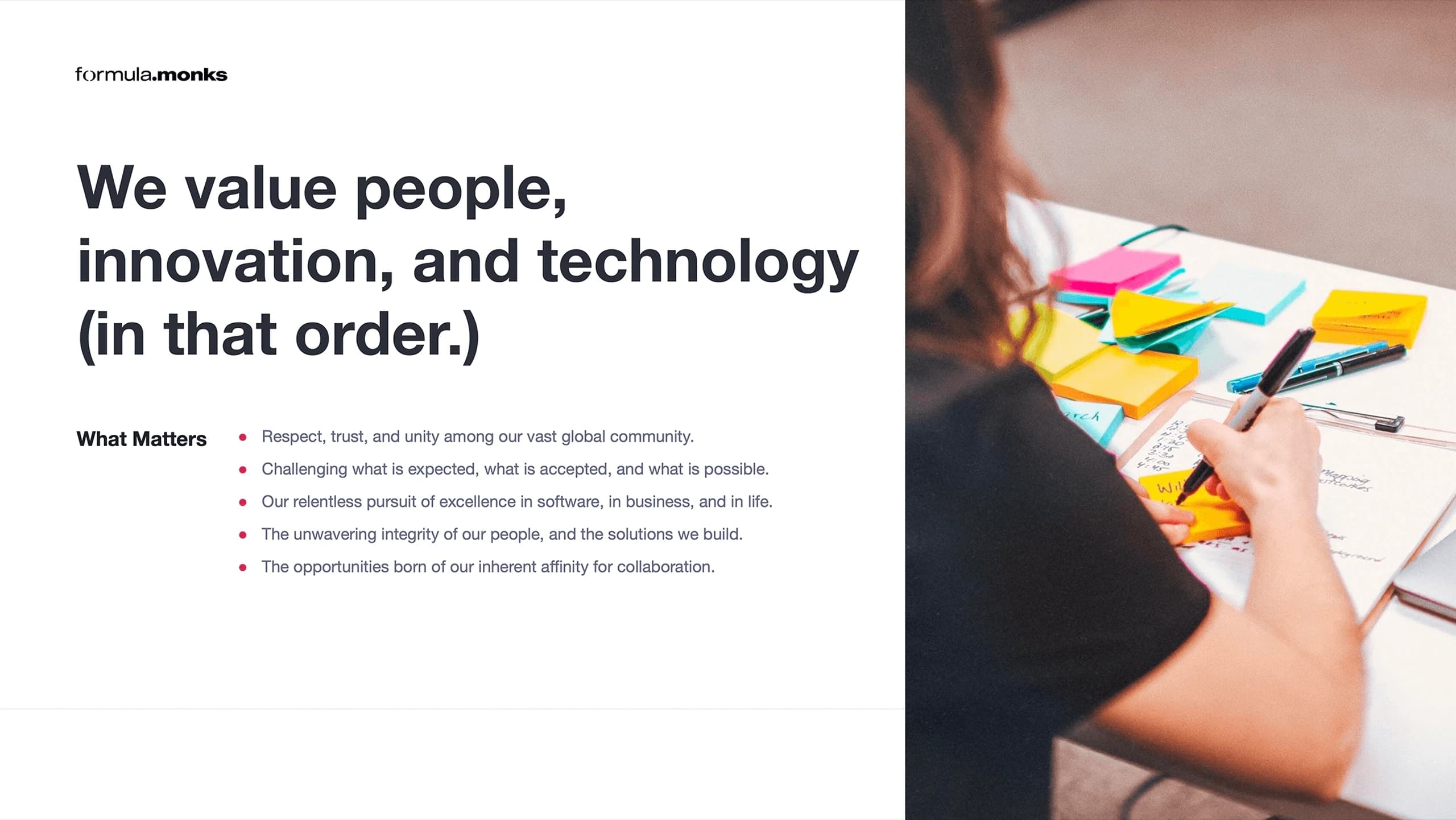 Formula.Monks, brand book, company values listing people, innovation, and technology in that order