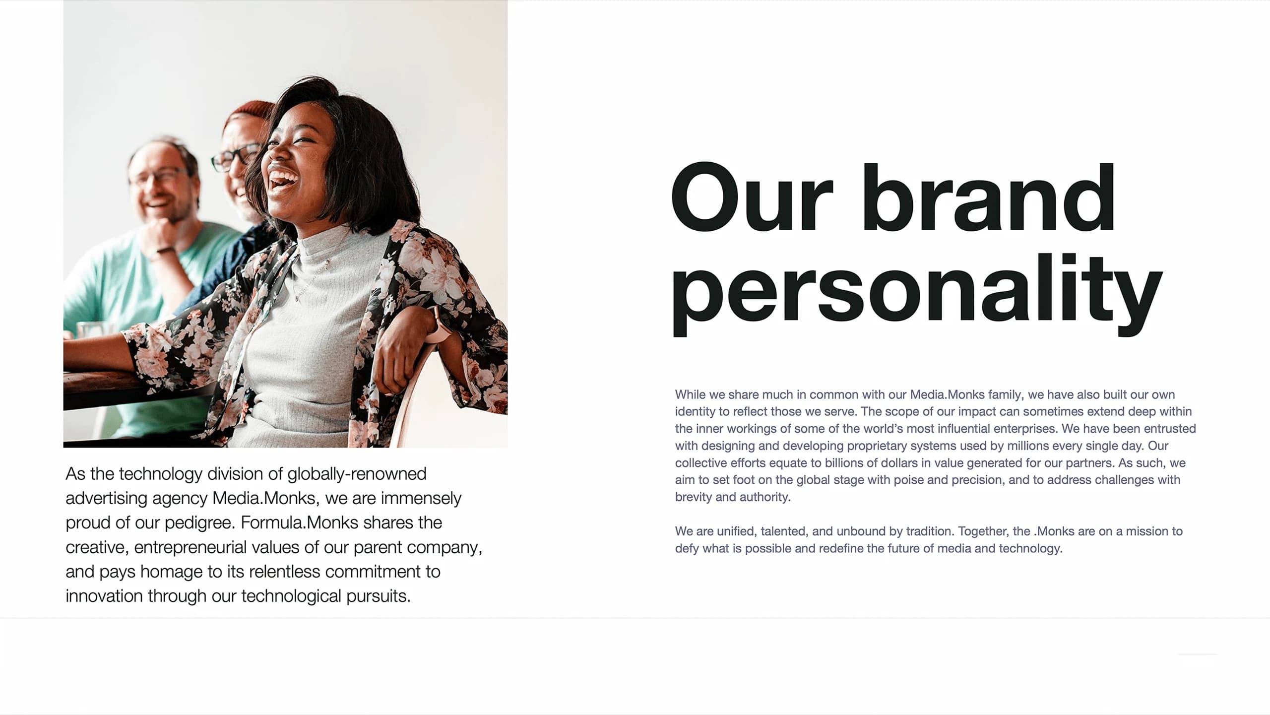 Formula.Monks, brand book, brand personality section with copy on Formula.Monks as the technology division of Media.Monks