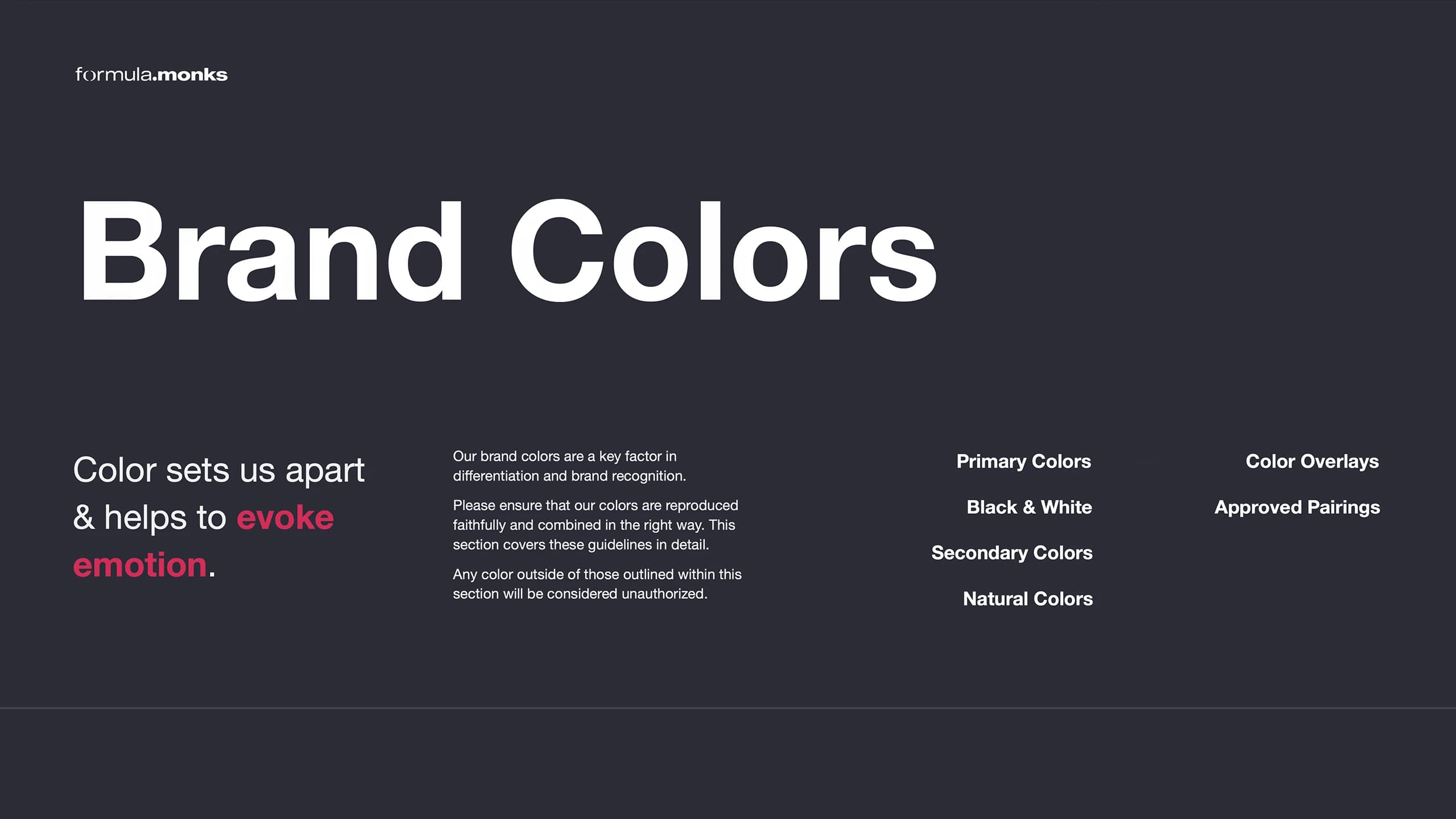 Section opener on dark charcoal reading Color sets us apart and helps to evoke emotion, with a contents list of the six color chapters