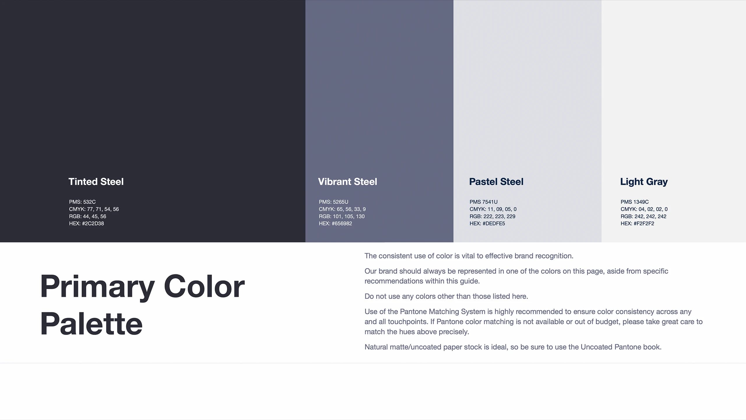 Formula.Monks, brand guidelines, primary color palette showing four bands from Tinted Steel to Light Gray with Pantone, CMYK, RGB, and hex values