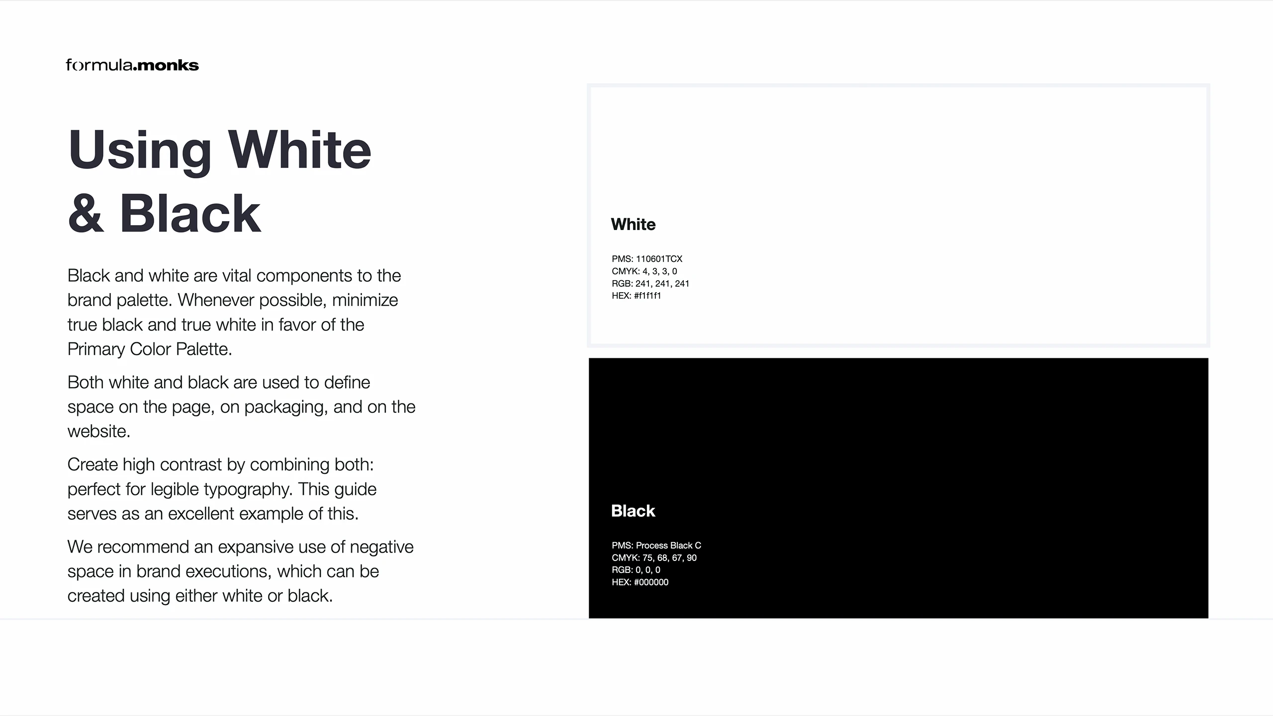 Formula.Monks, brand guidelines, black and white usage with Pantone and hex values for each