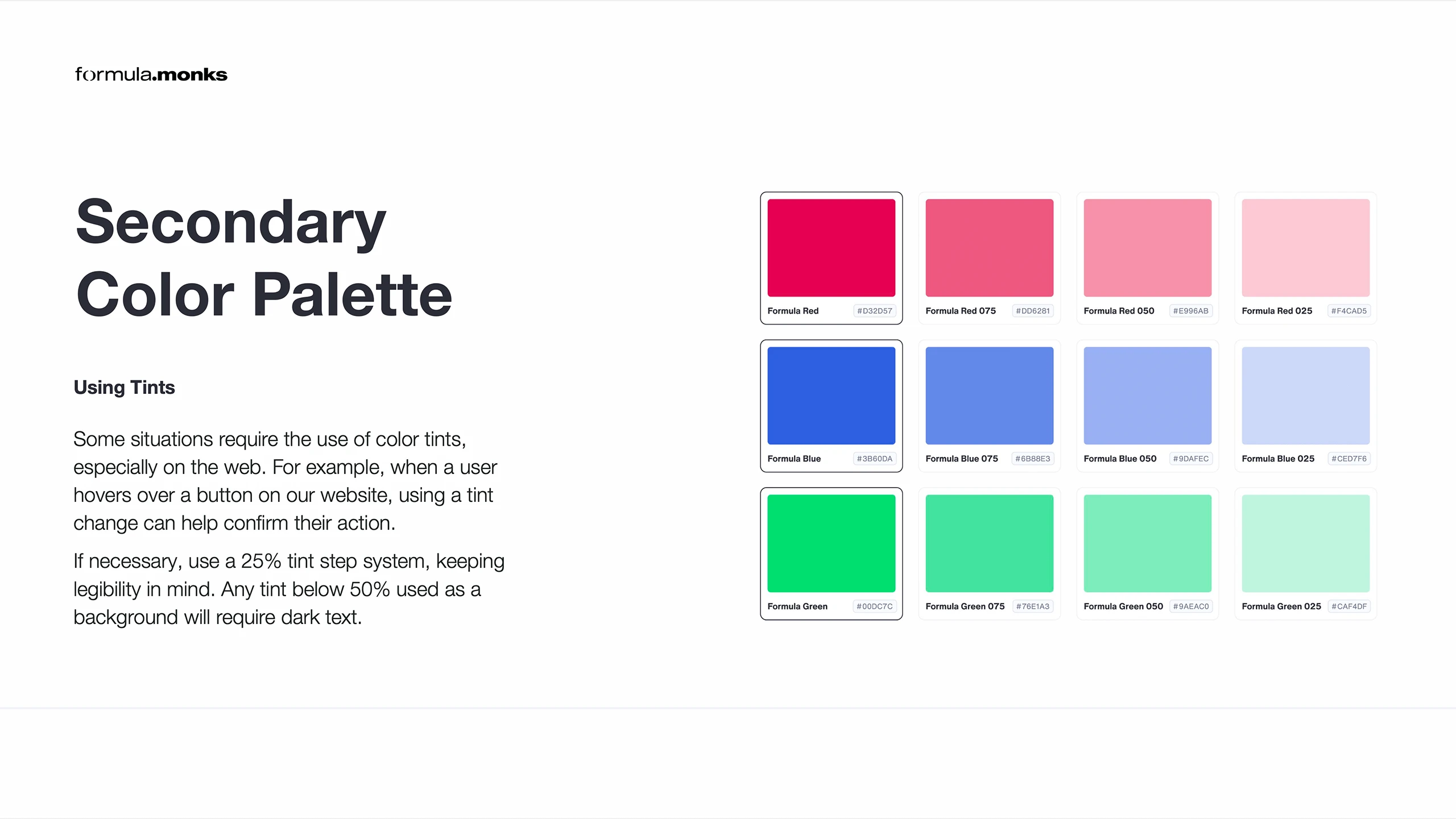 Twelve swatches: Formula Red, Blue and Green each stepped down through 75, 50 and 25 percent tints