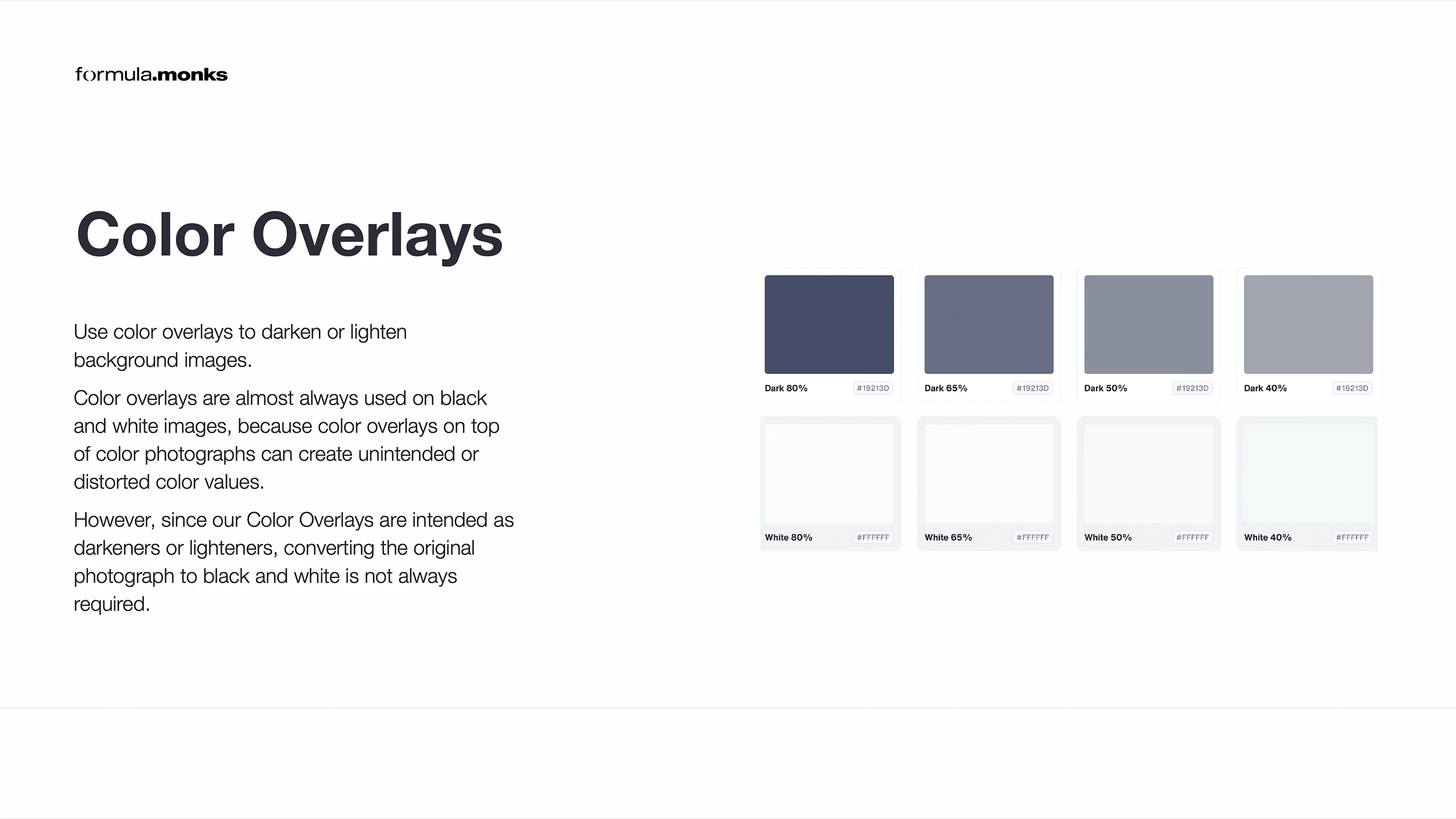 Formula.Monks, brand guidelines, color overlay system showing dark and white tones at 80, 65, 50, and 40 percent
