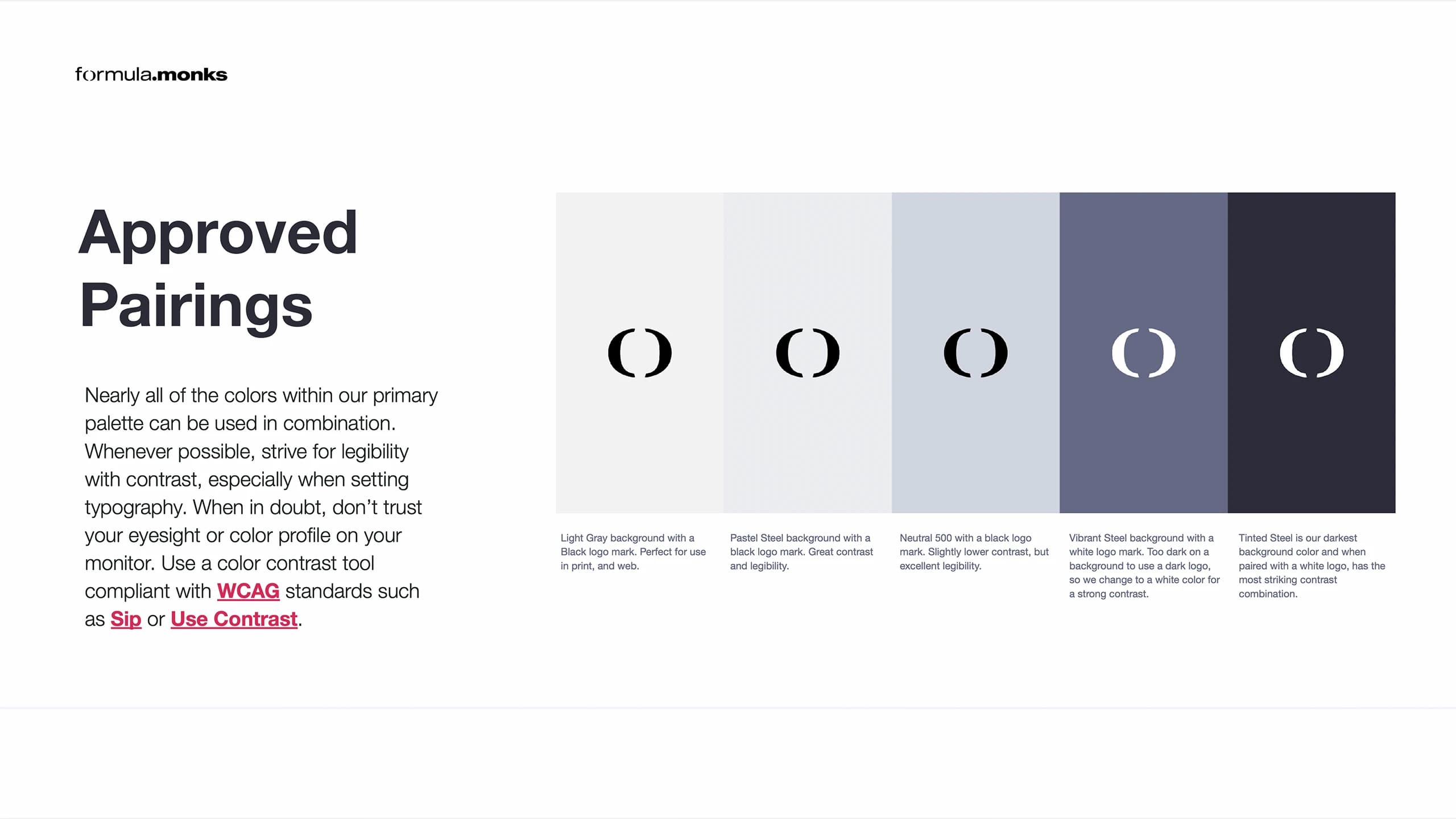 Formula.Monks, brand guidelines, approved color pairings showing the Formula mark in black or white across five background colors