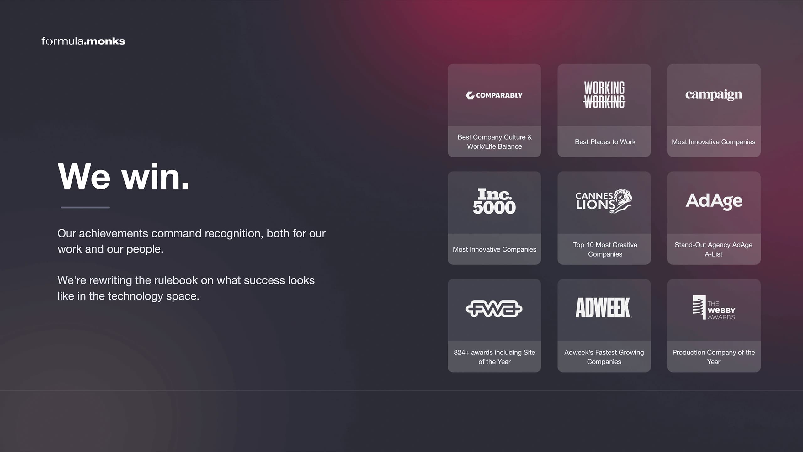 Formula.Monks, brand demo deck, award wins including Cannes Lions, Inc. 5000, Adweek, and the Webby Awards