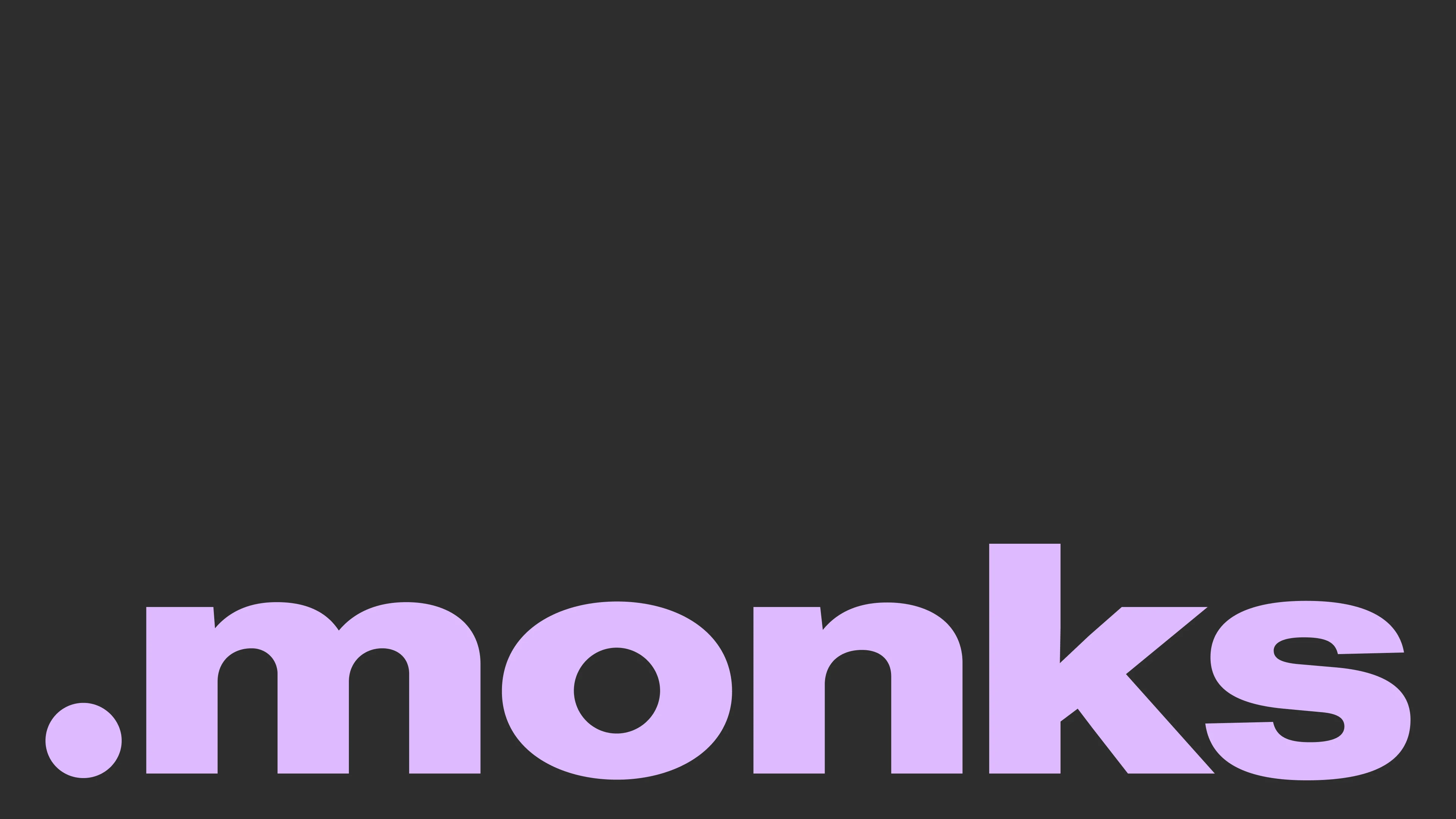 Monks, brand book, the .monks wordmark in pale lilac on charcoal, cover of Brand Book 2024