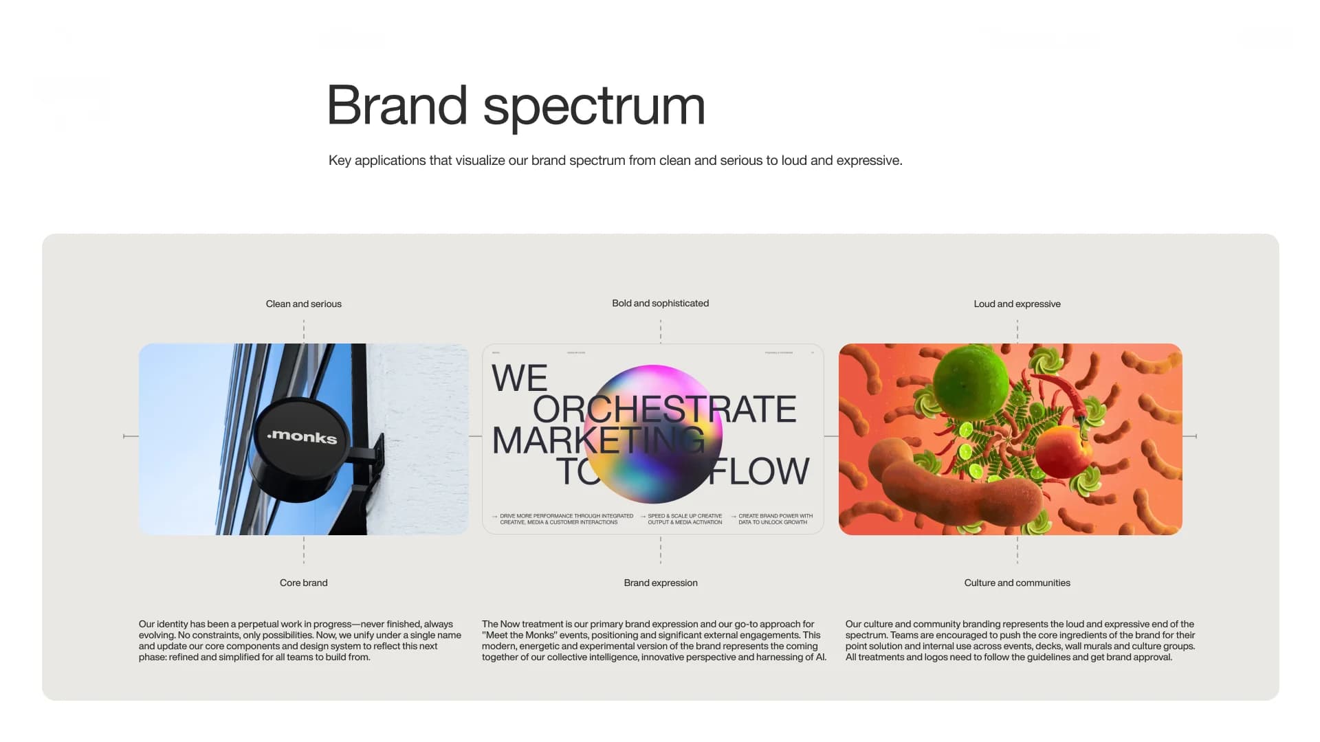 Monks, brand guidelines, visual range from clean and serious to loud and expressive across three example executions
