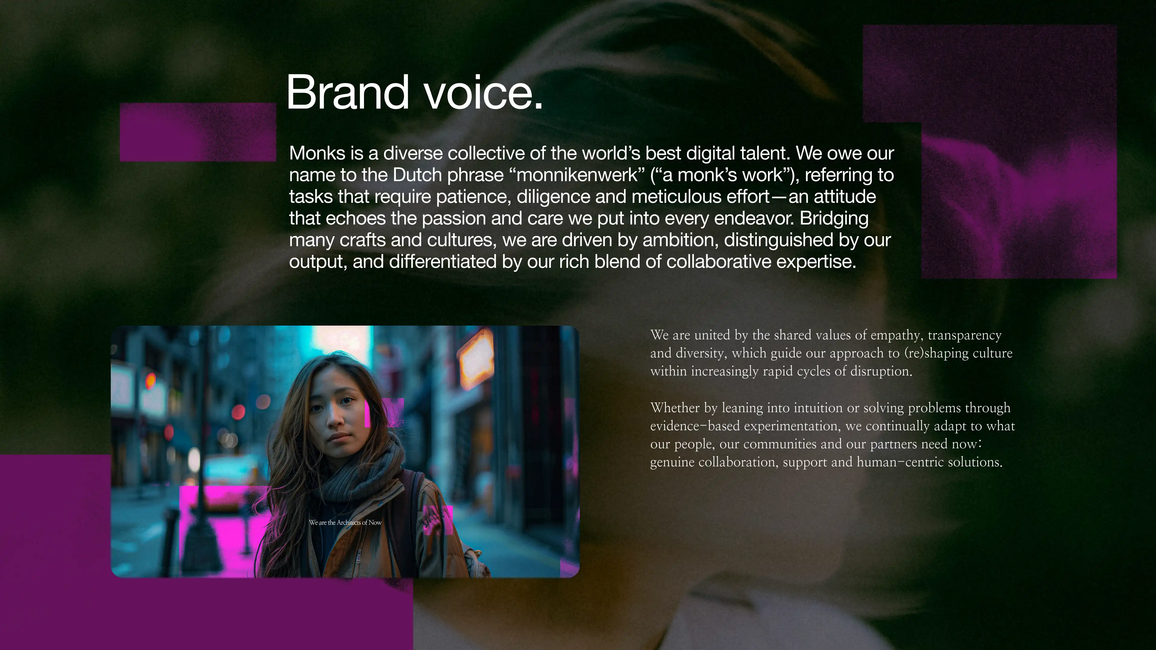 Monks, brand book, brand voice slide tracing the name to the Dutch phrase monnikenwerk over a dark portrait with magenta blocks