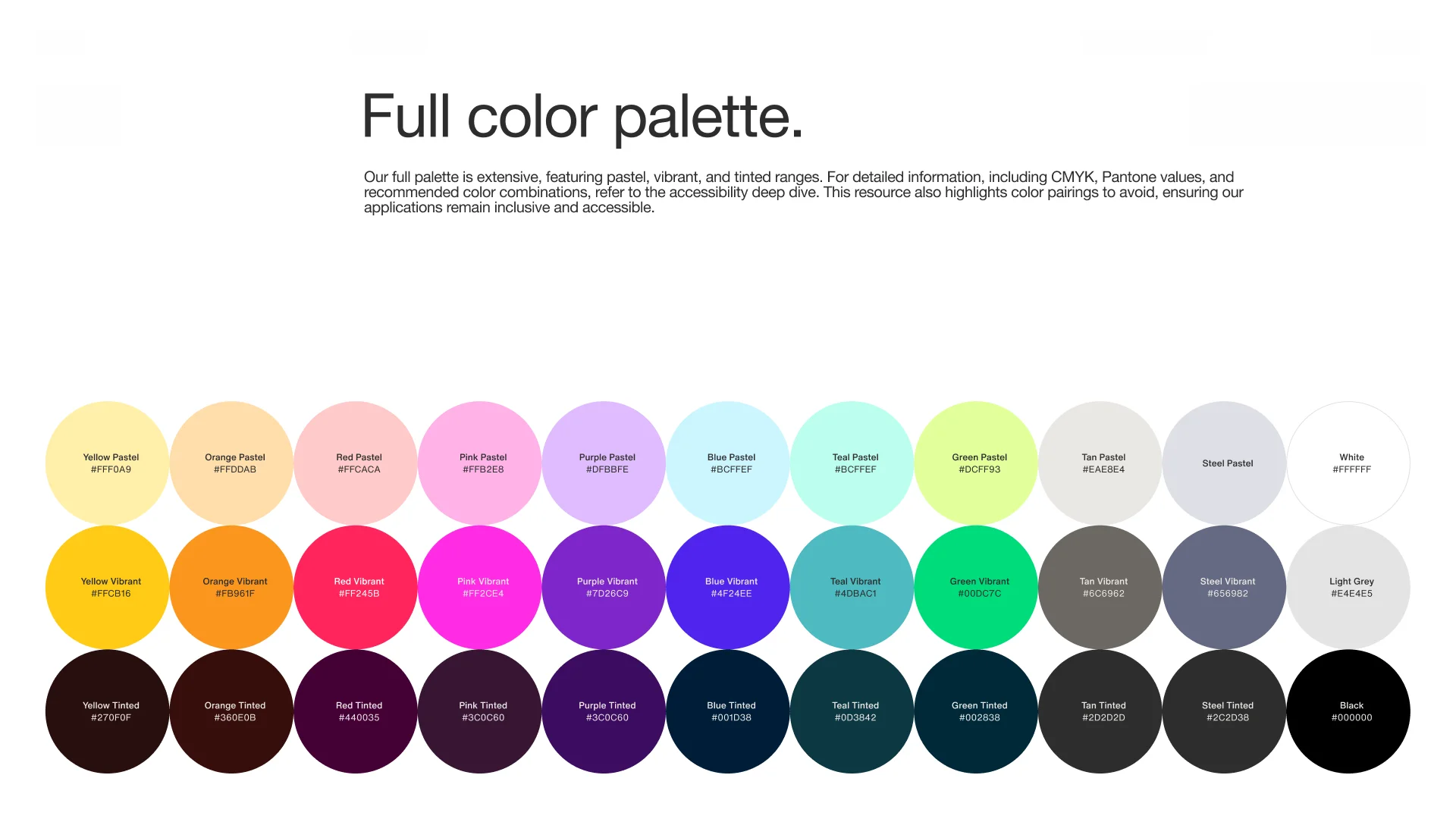 Guideline slide with 33 circular swatches in three rows, pastel, vibrant and tinted, each labeled with its name and hex value