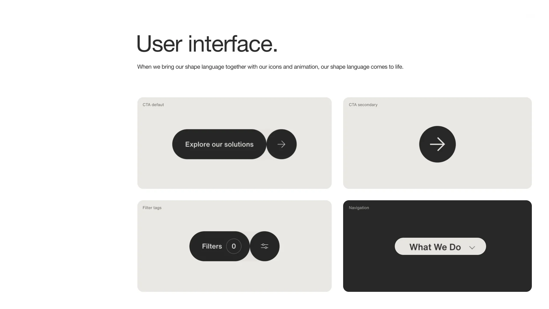 Monks, brand guidelines, four digital UI specimens including a primary button, secondary button, filter tag, and navigation pill