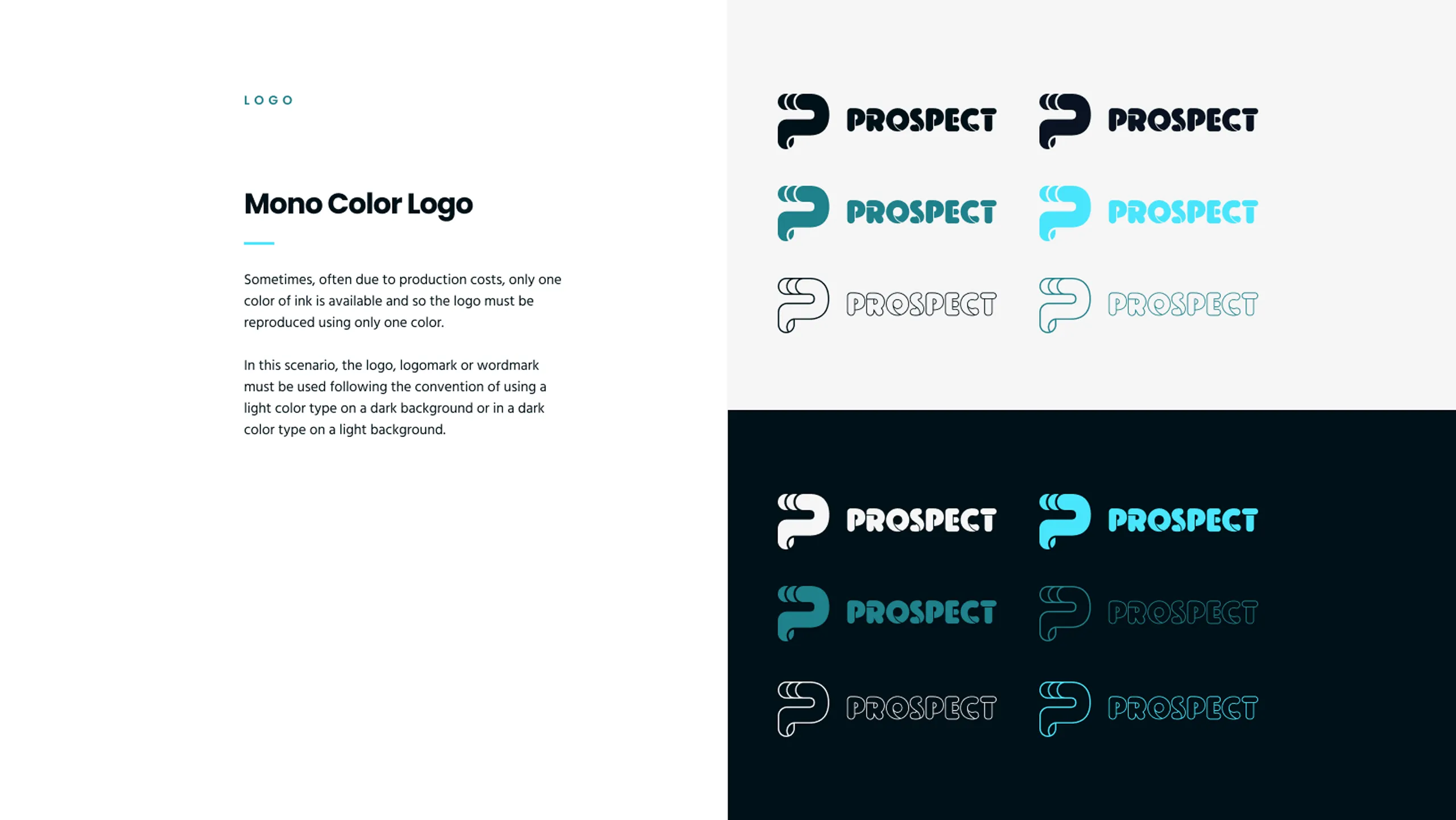 Prospect Sports, brand guidelines, mono color logo lockups across light and dark backgrounds