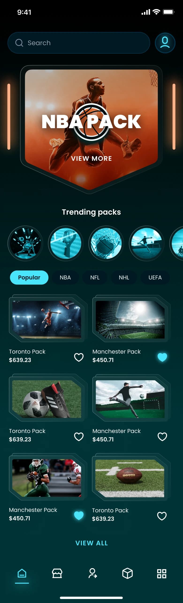 Dashboard home screen showing NBA pack promo and trending packs