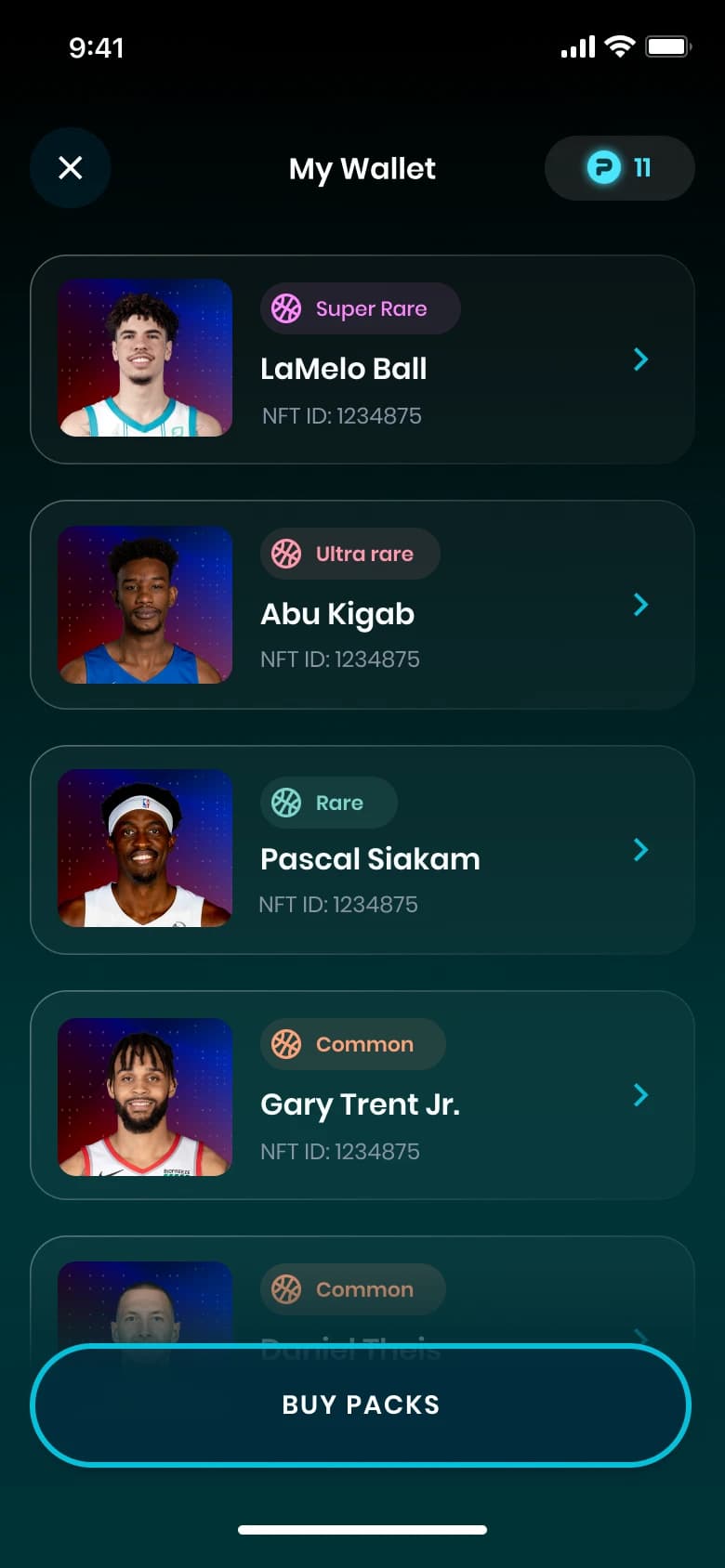 My Wallet screen showing owned NFT player cards and rarity tiers