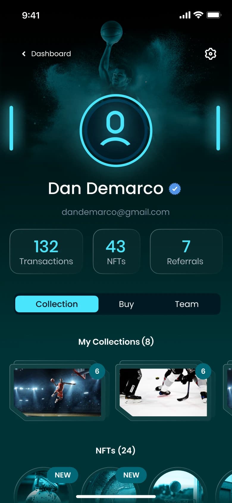 NBA user profile screen showing stats and collections