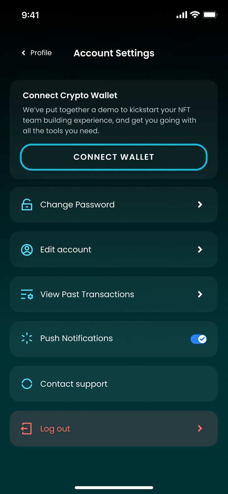 Account settings screen showing wallet connection and account options