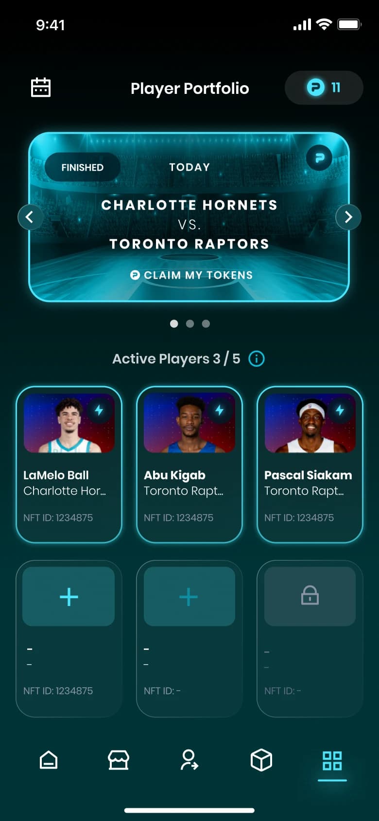 Player Portfolio home screen showing three active players and a live game banner