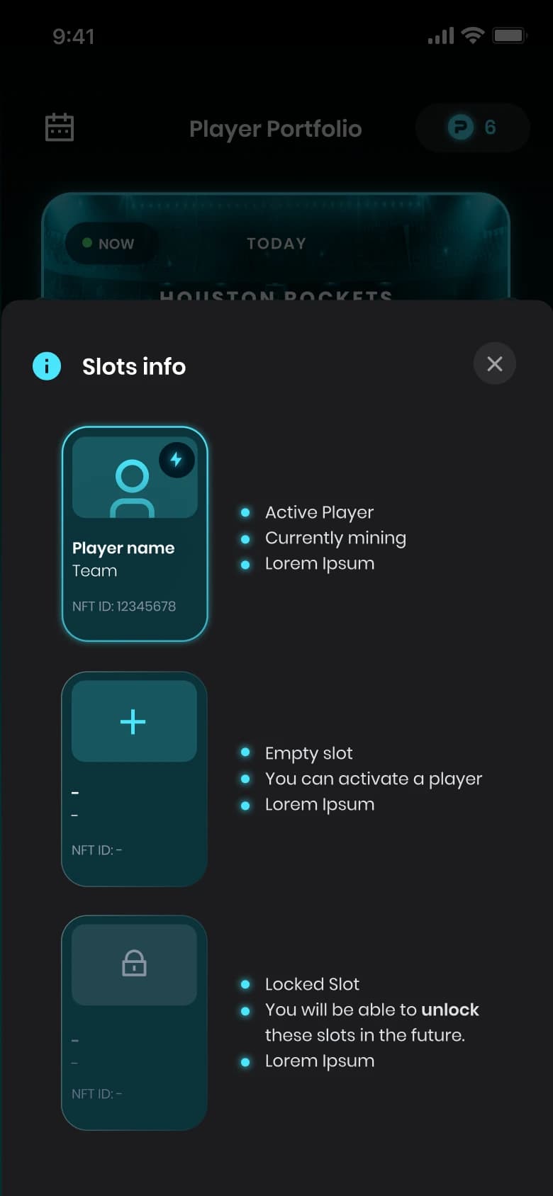 Slots info modal explaining active, empty, and locked slot states