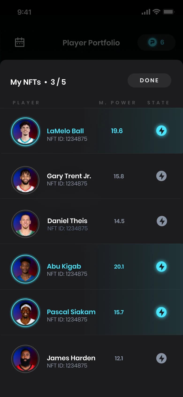 My NFTs screen with three players activated and highlighted