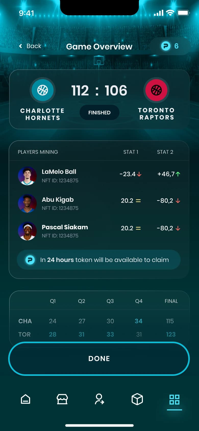 Game overview screen showing box score and player mining stats
