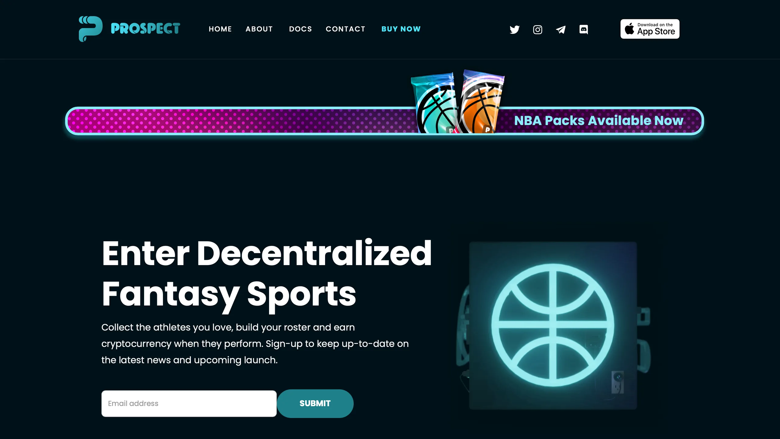 Prospect website homepage hero with neon basketball graphic