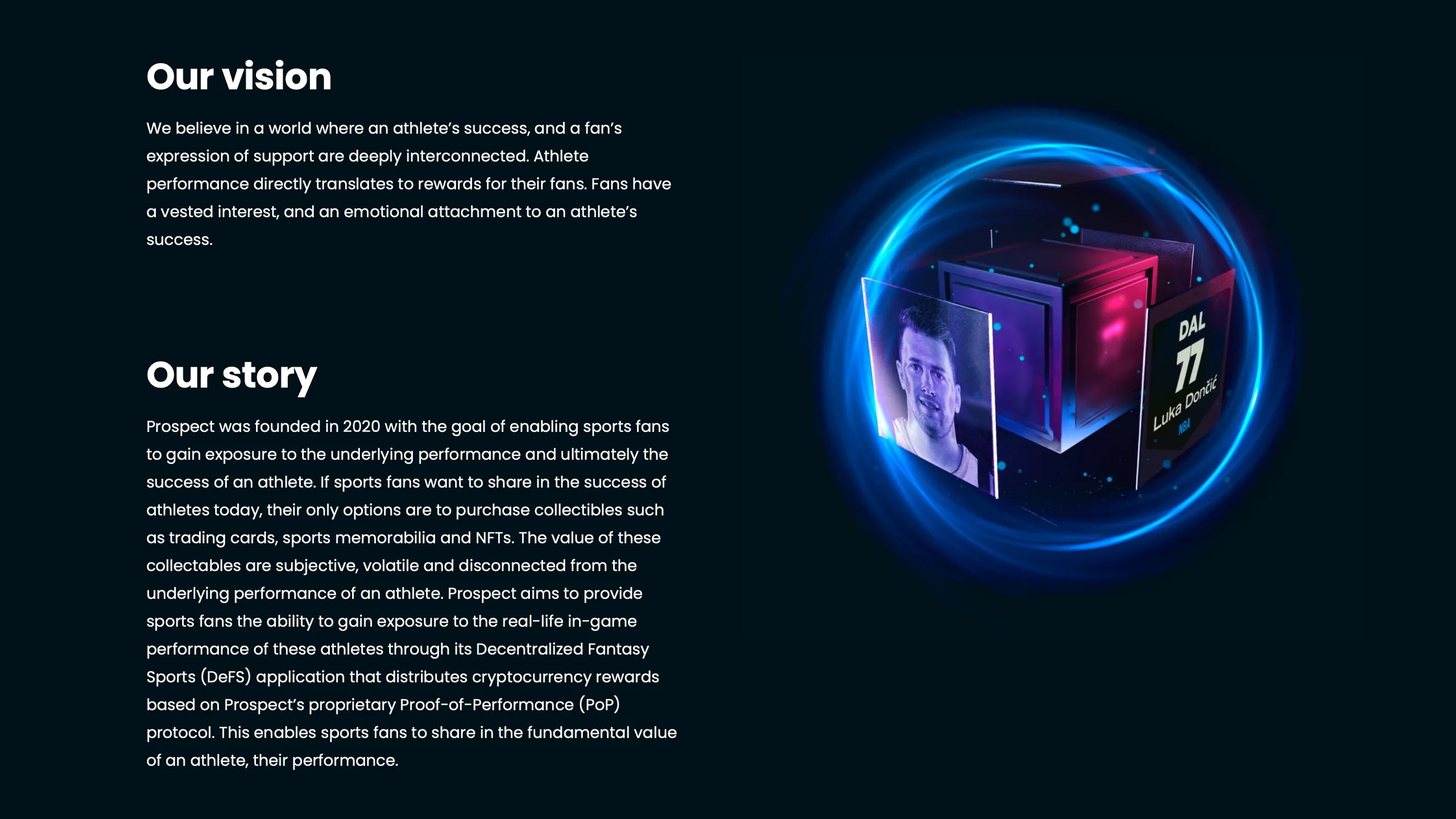 Prospect website Our vision and Our story section with 3D player card cube render
