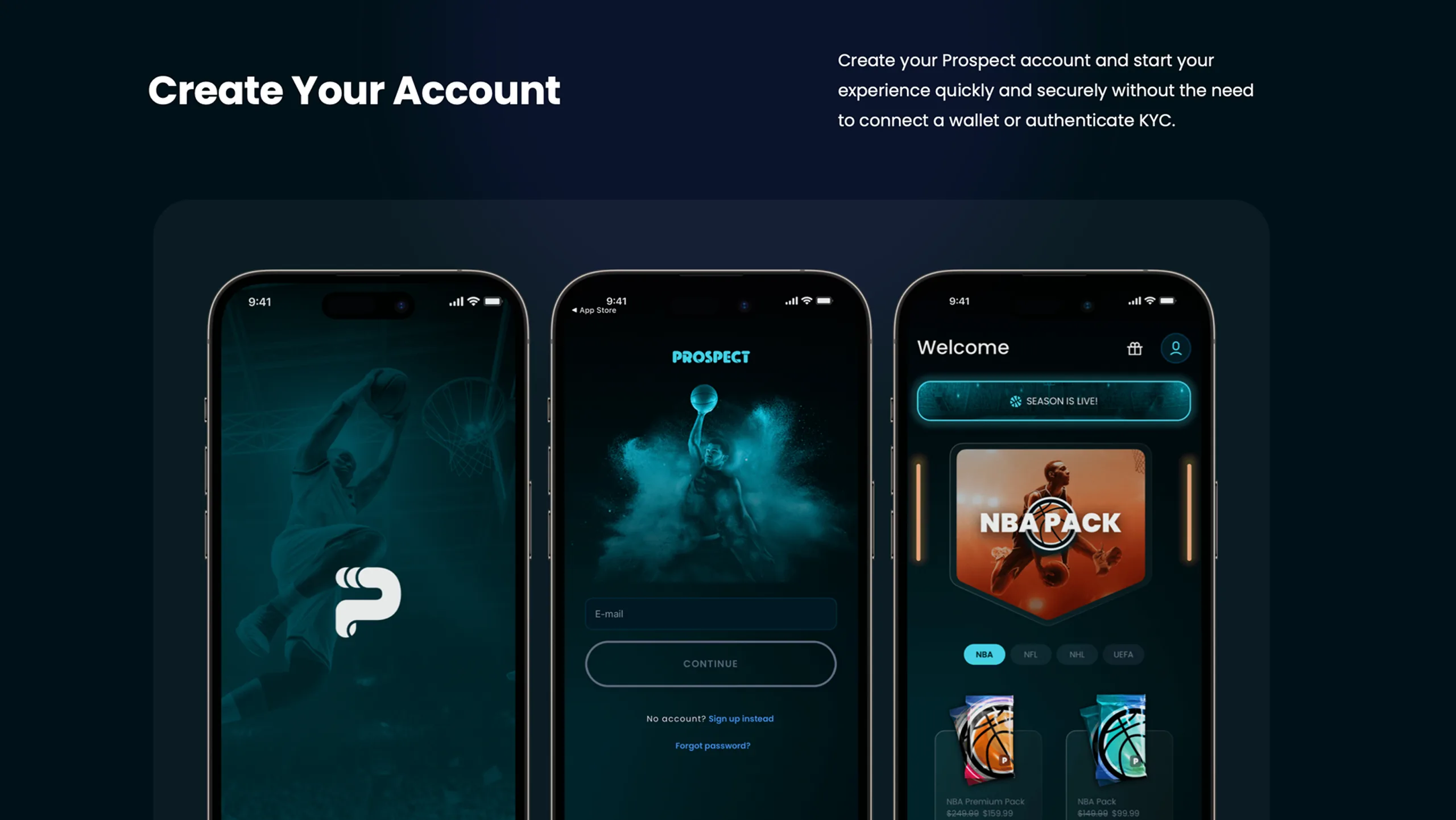 Prospect website Create Your Account section showing three app onboarding screens