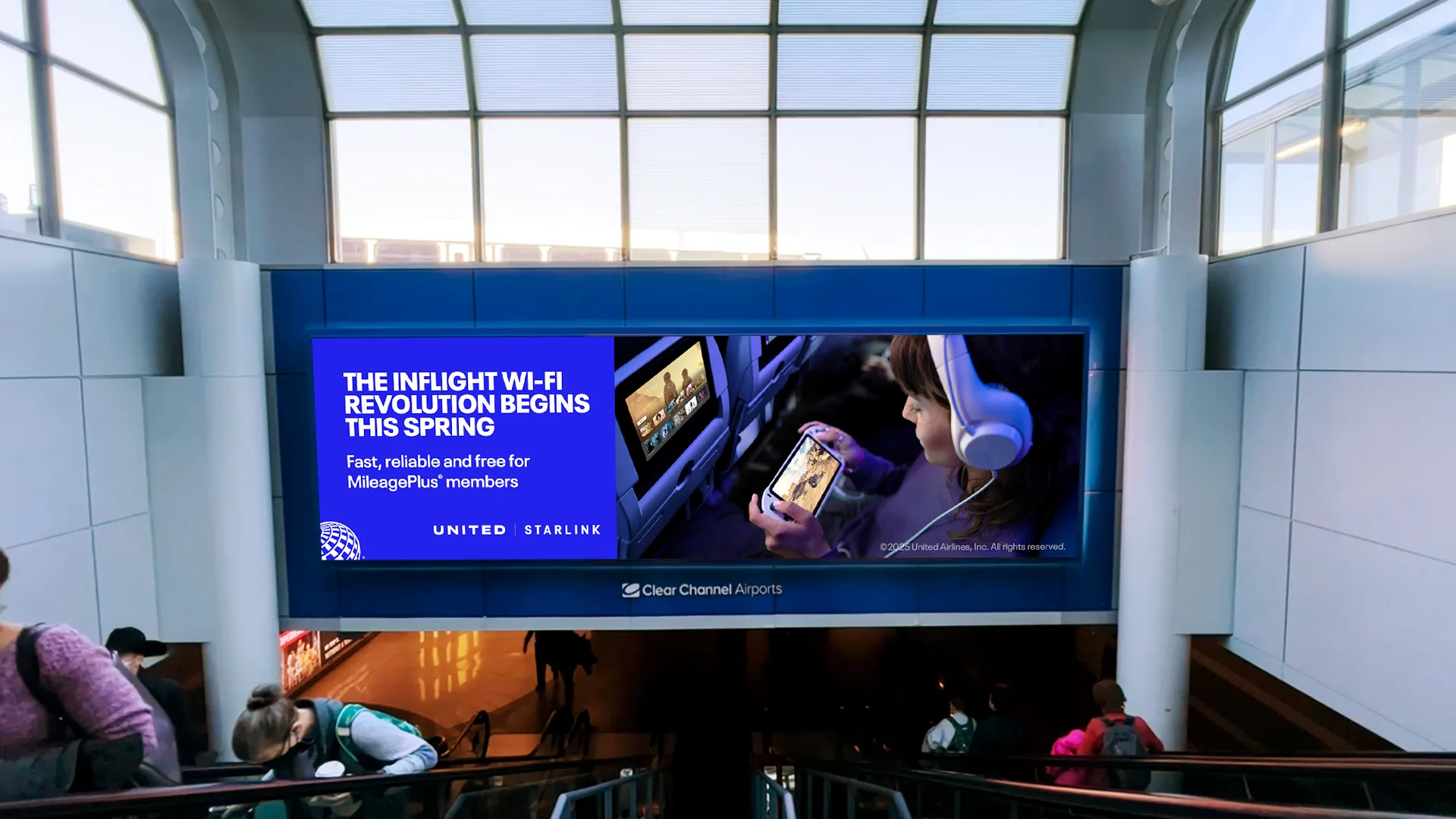 United and Starlink airport terminal campaign display