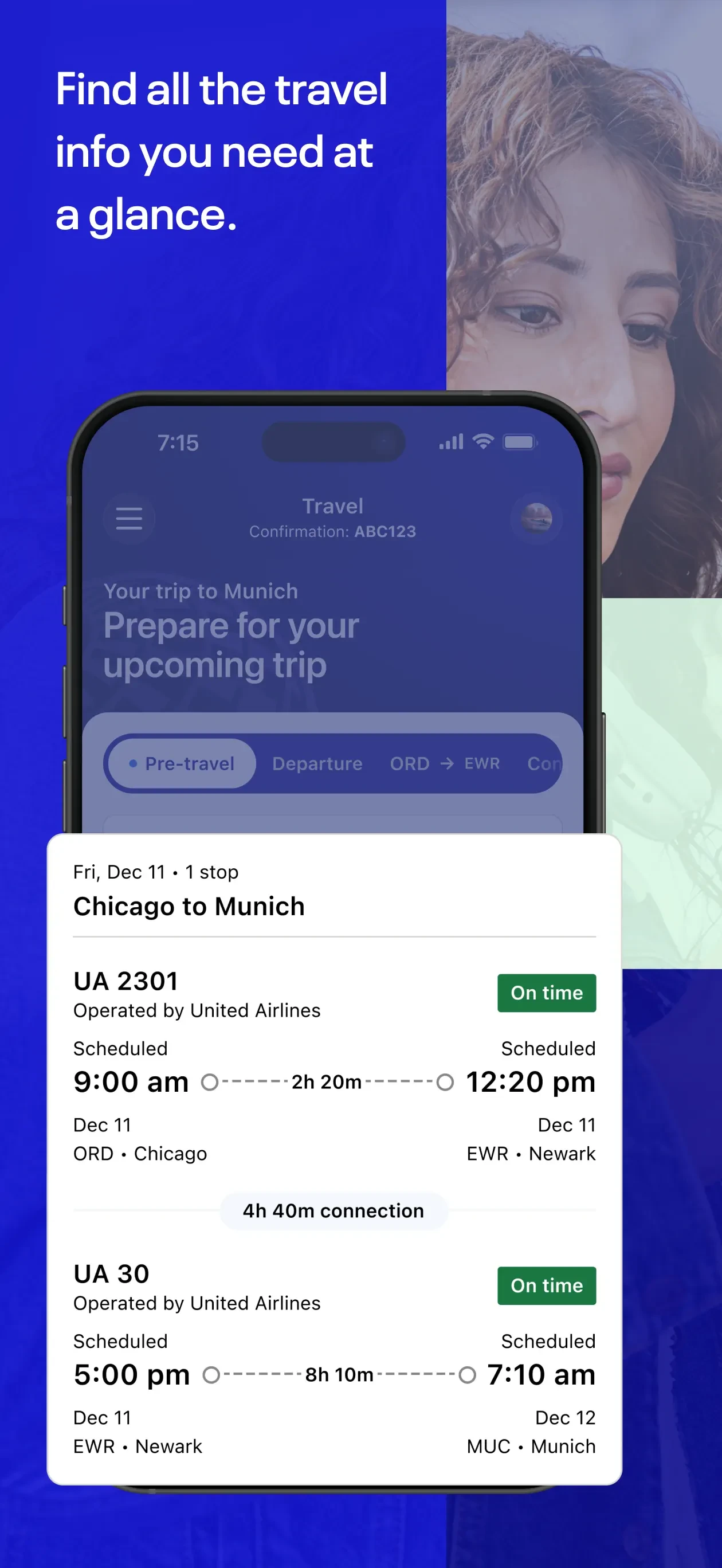 Trip overview screen showing flight details at a glance