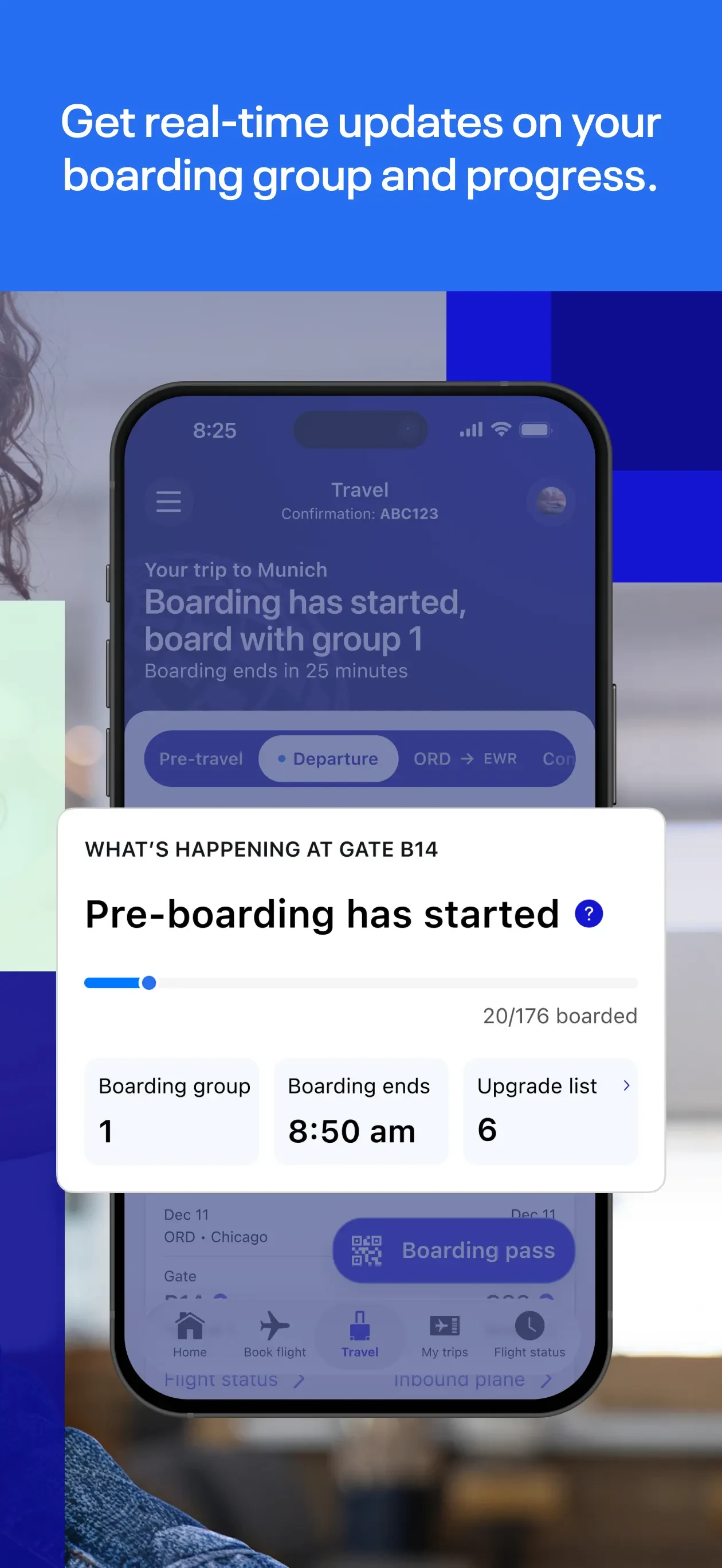 Virtual Gate screen showing live boarding group and capacity