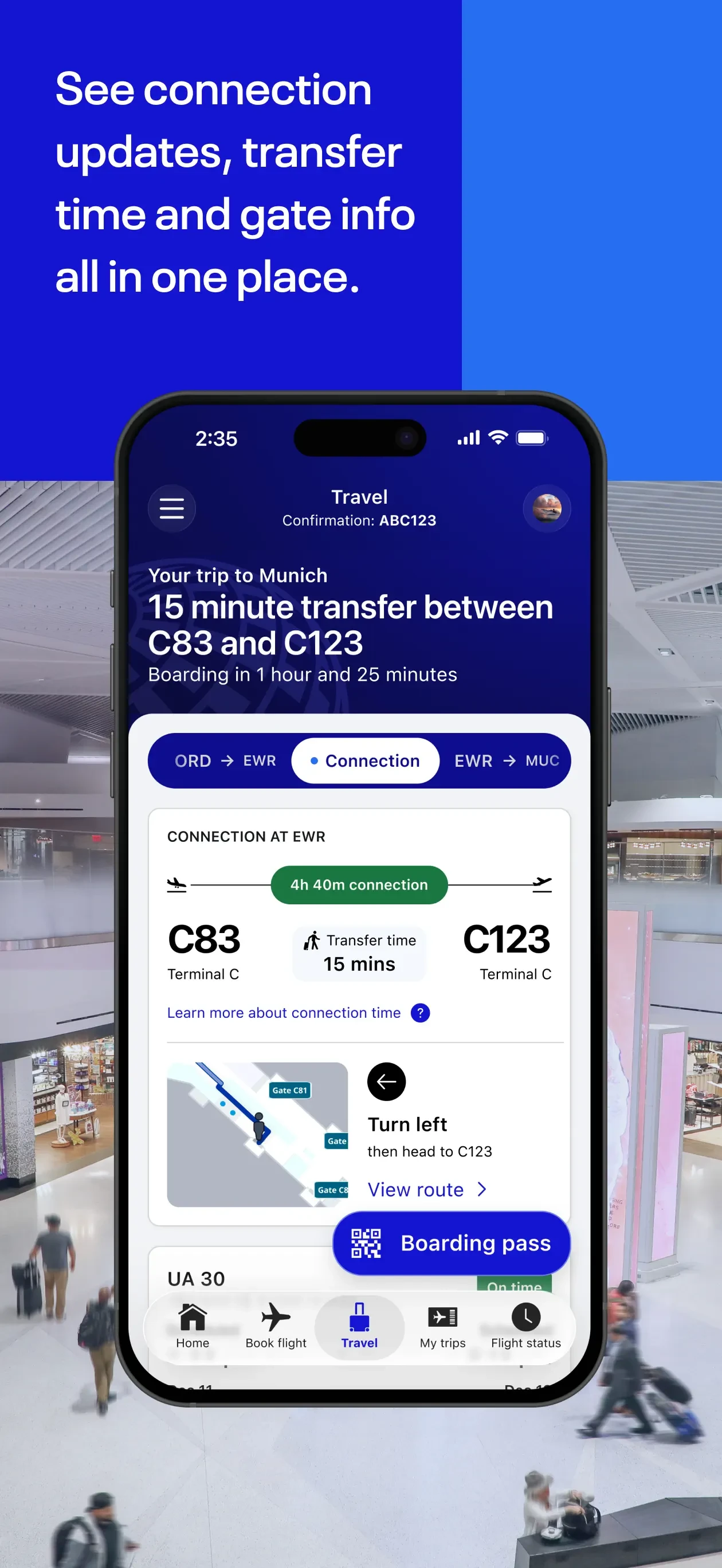 Connection screen with transfer time and walking directions between gates
