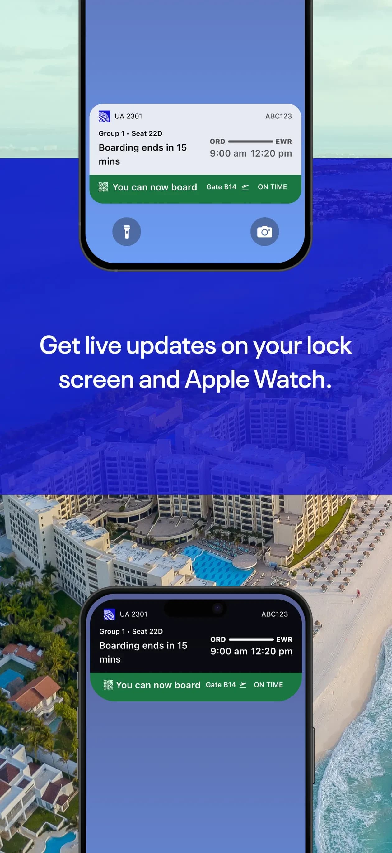 Live Activity showing boarding status on the lock screen and Apple Watch