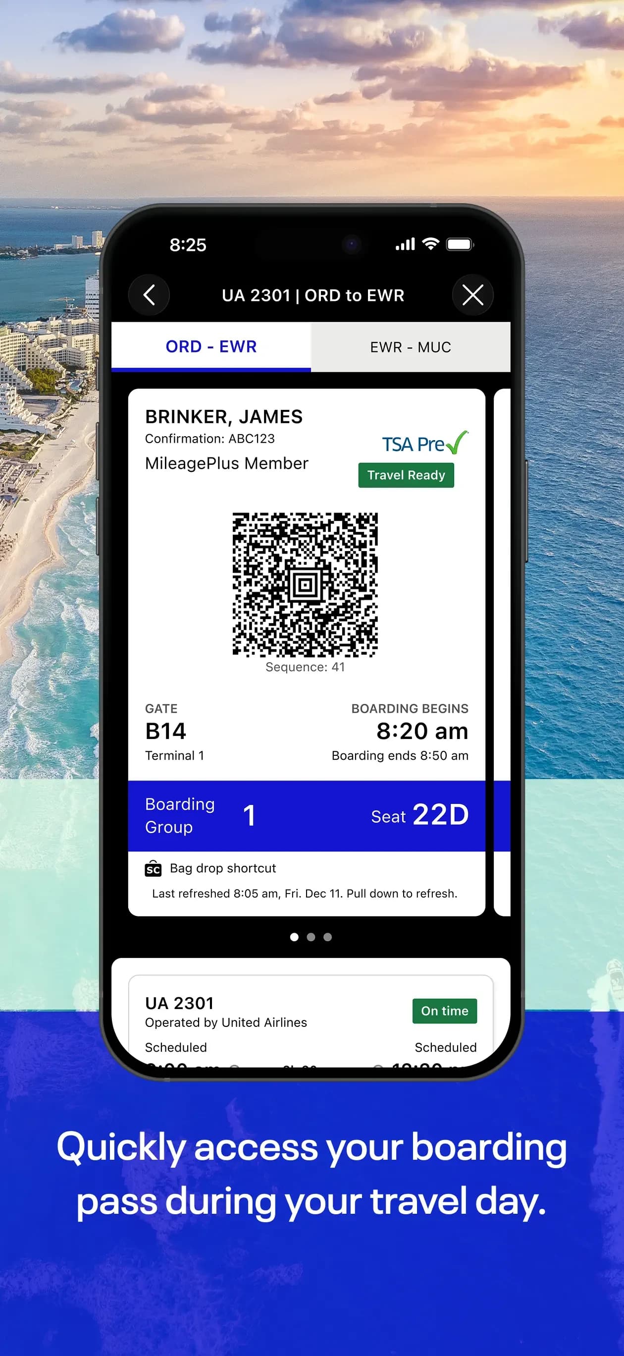 Boarding pass with QR code, gate, and TSA PreCheck status