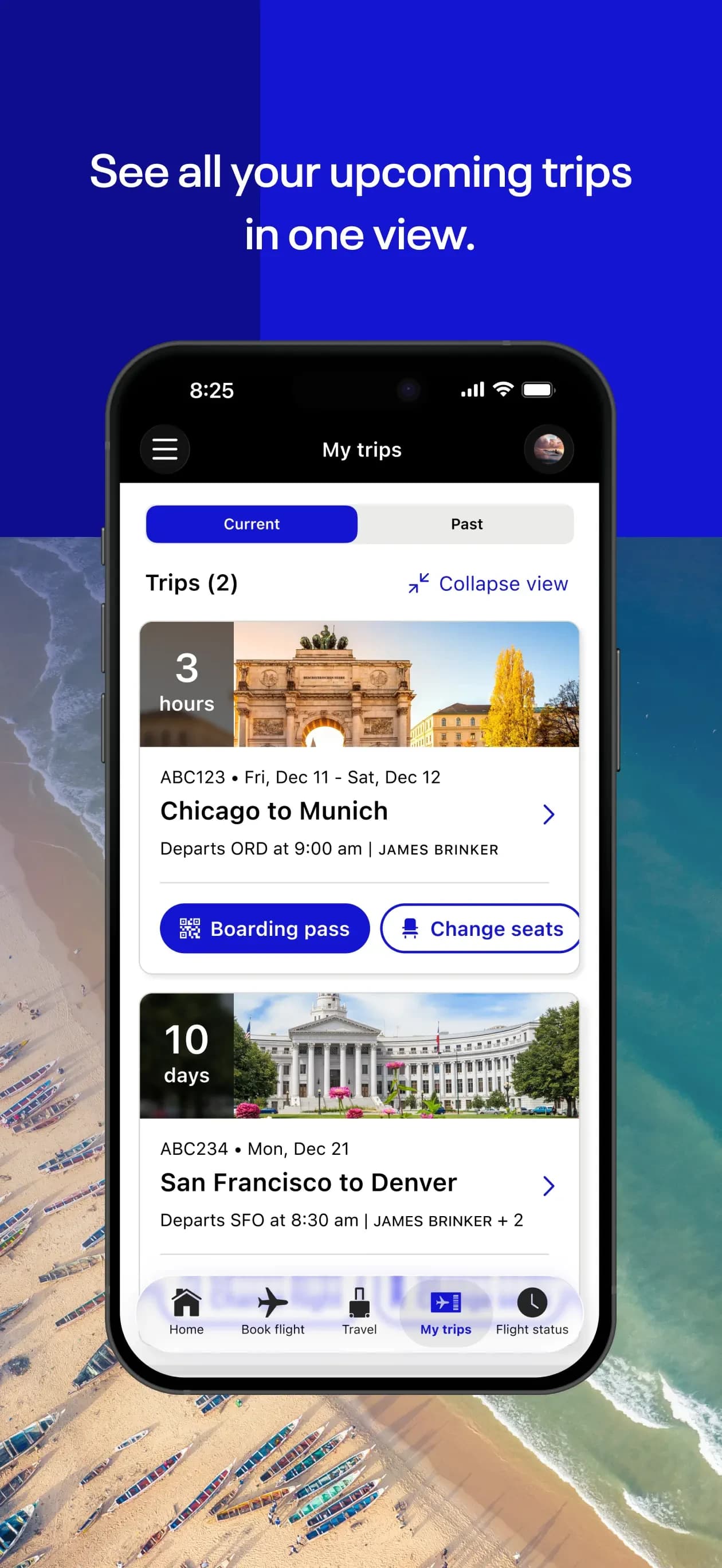 My trips screen listing upcoming flights
