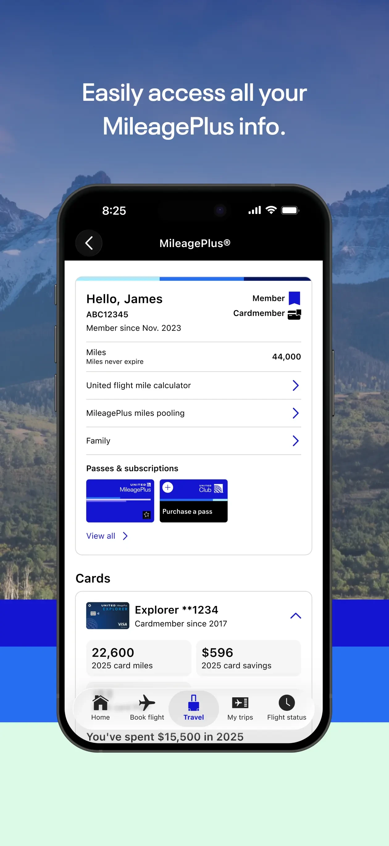 MileagePlus account screen showing miles, cards, and passes