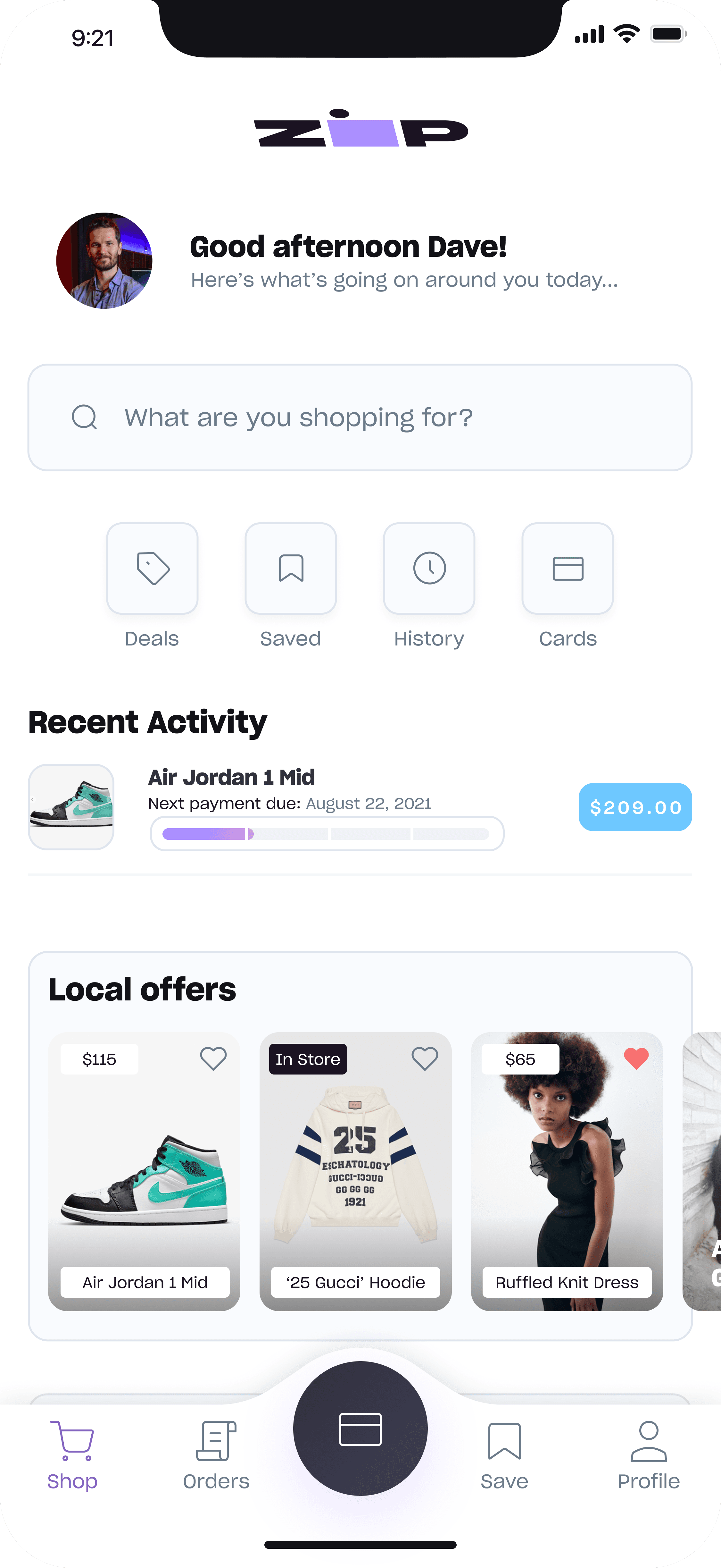 Zip homepage showing deals, recent activity, and personalized brands