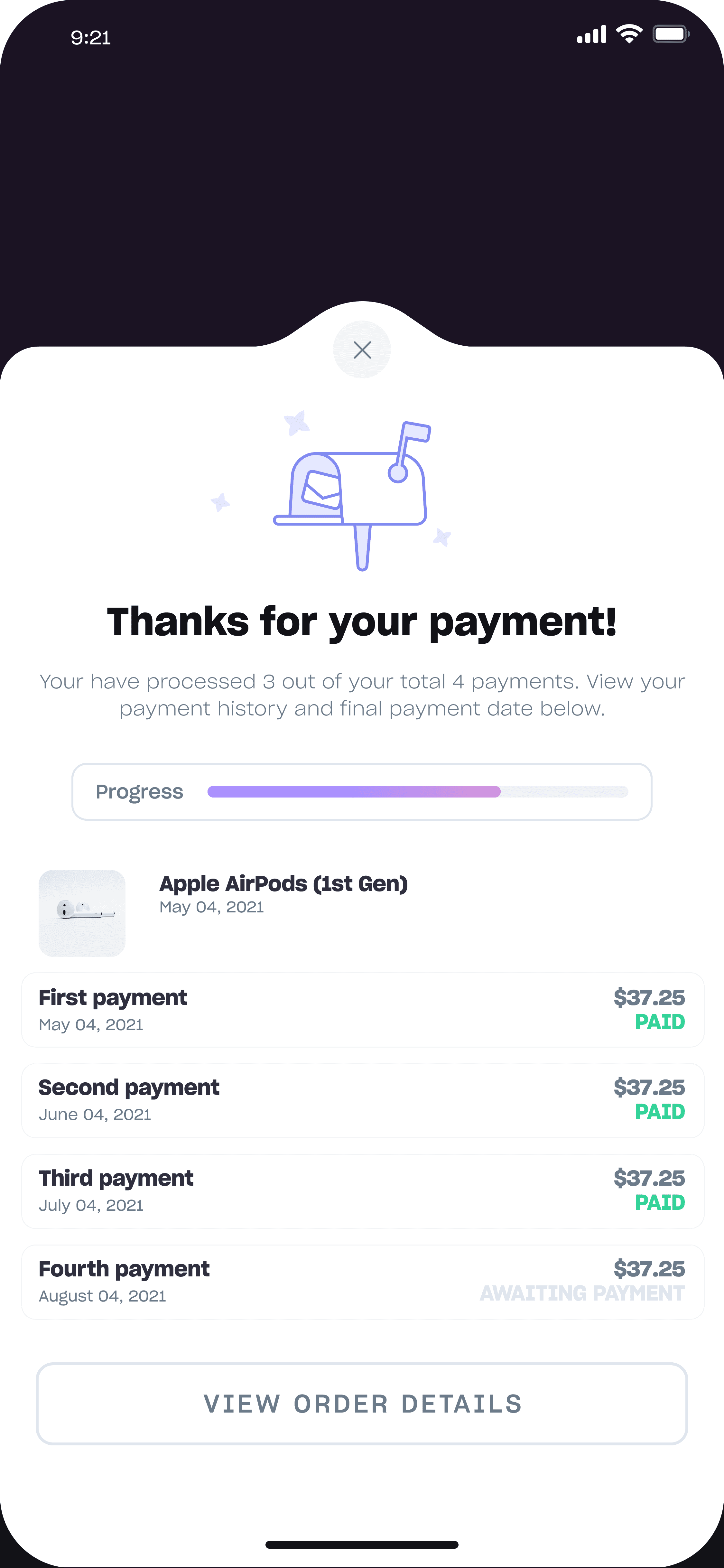 Payment confirmation screen showing three of four payments completed