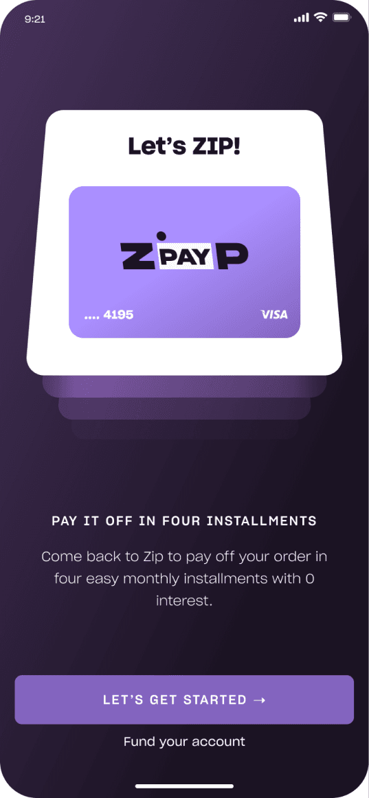 Onboarding tutorial screen explaining how to pay off a purchase in four installments