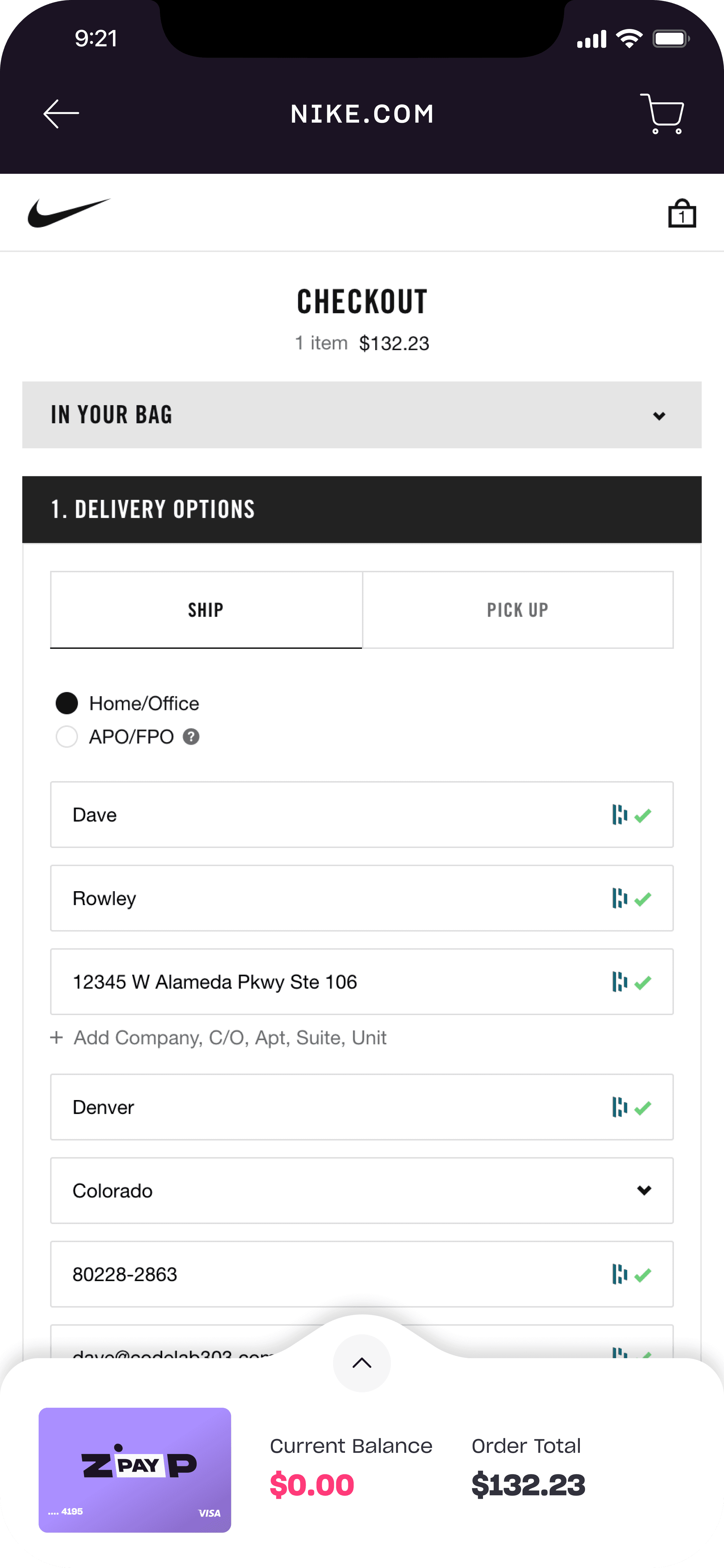 Nike.com checkout page with a Zip virtual card ready to fund