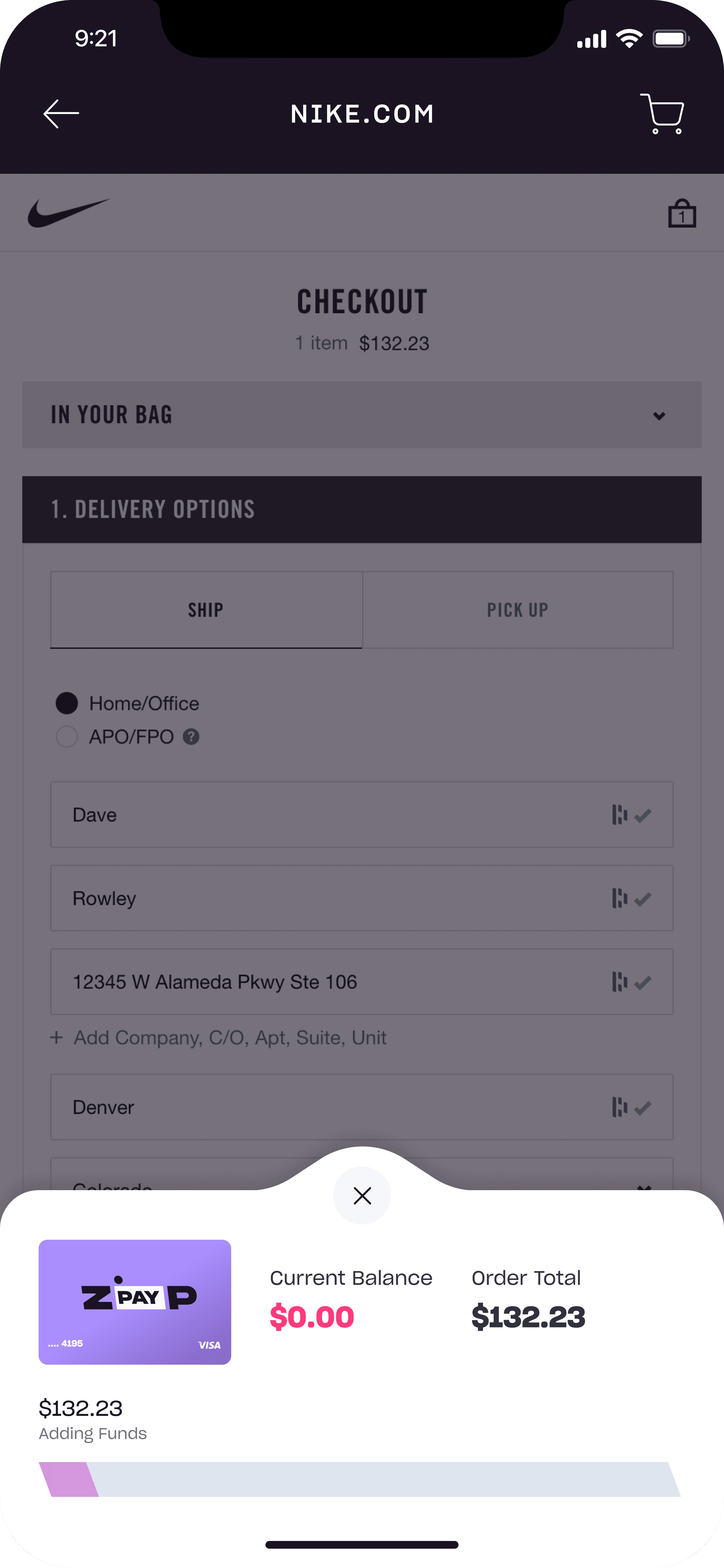 Zip virtual card adding funds to cover the order total