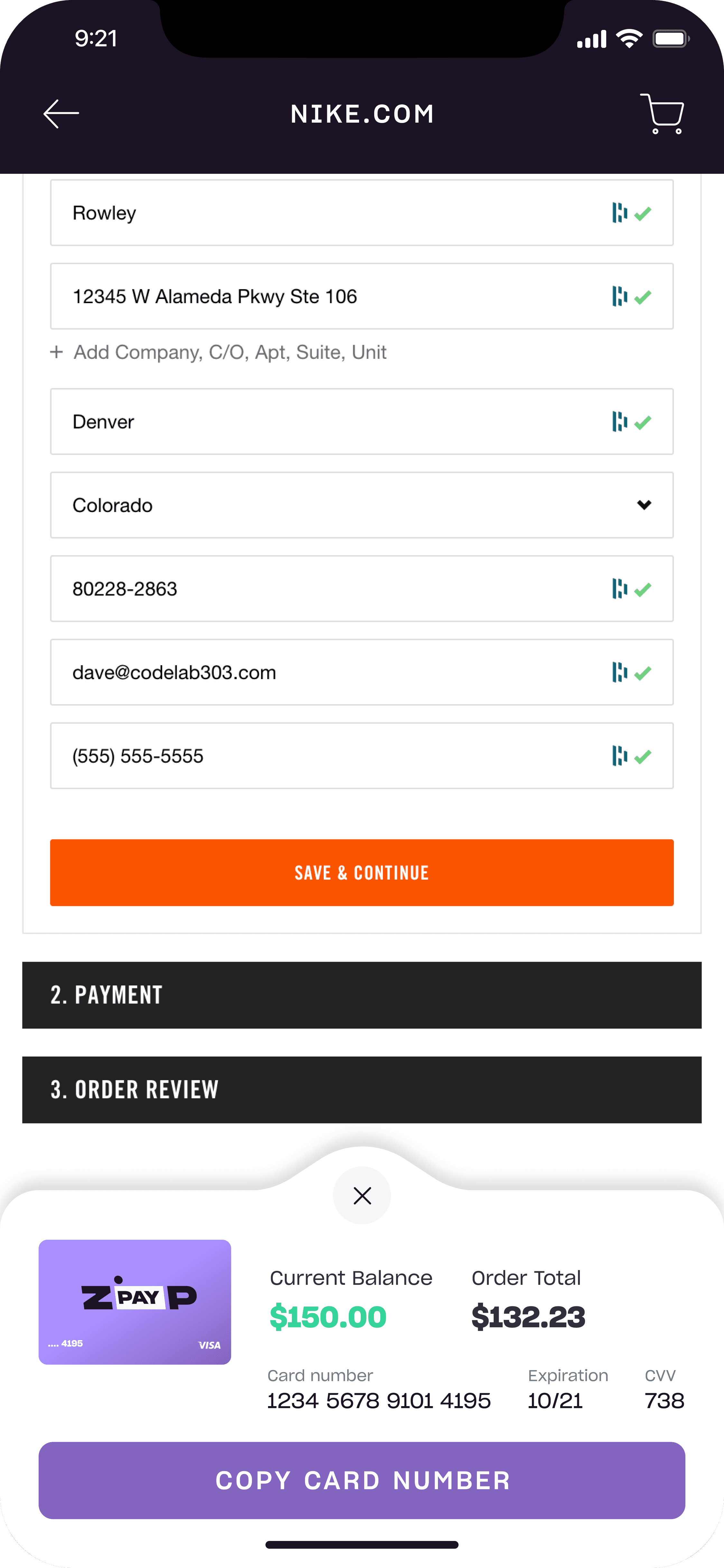 Zip virtual card revealed with number, expiration, and CVV ready to copy