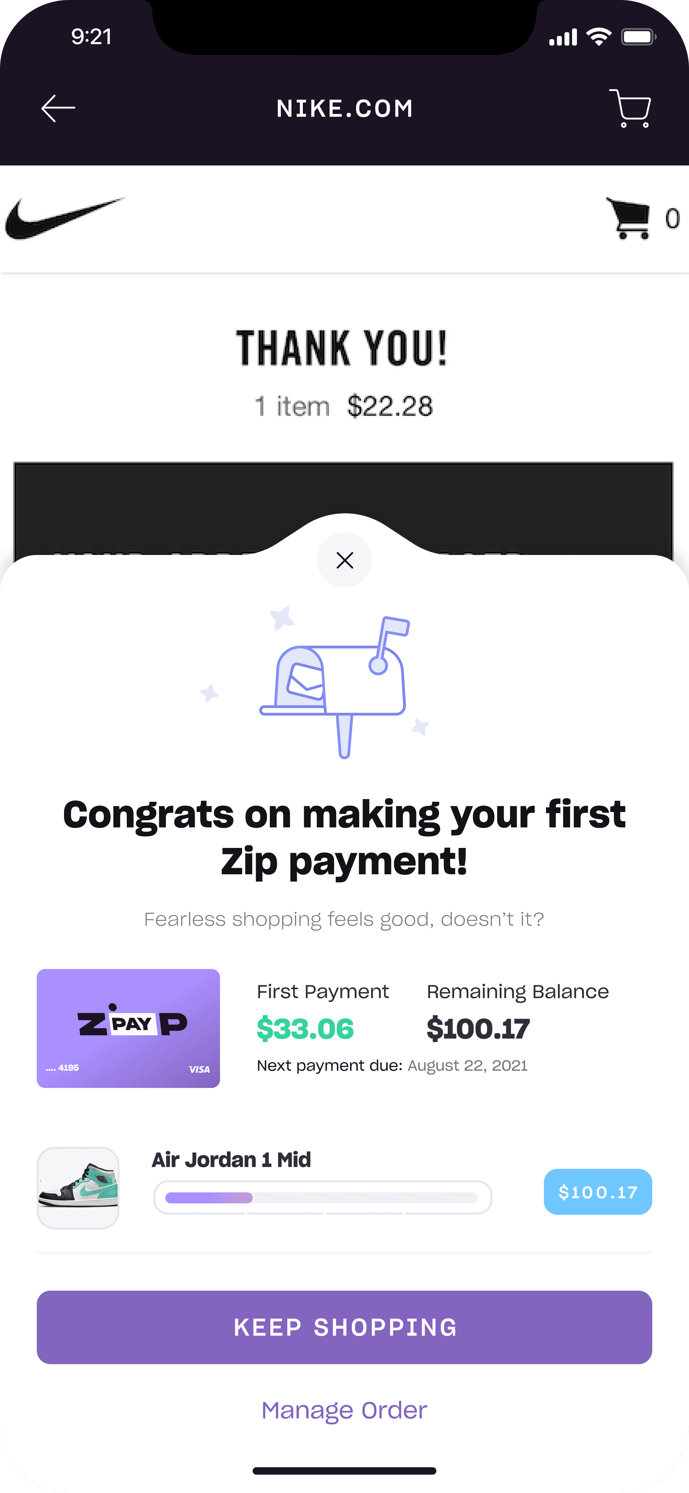 Confirmation screen congratulating the user on their first Zip payment